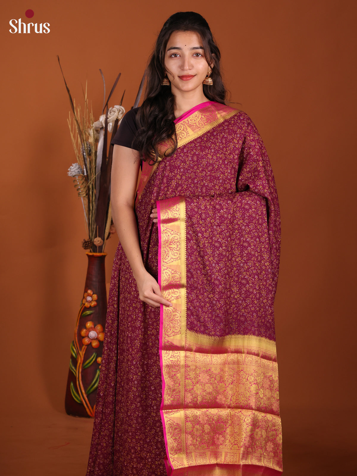 Purple & Pink - Semi Mysoresilk Saree - Shop on Shrus.com
