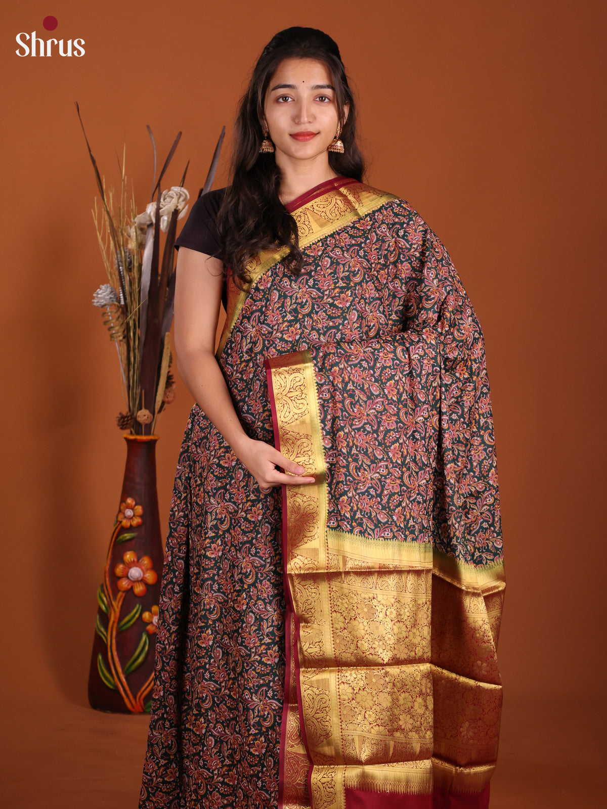 Dark Green & Maroon- Semi Mysoresilk Saree
