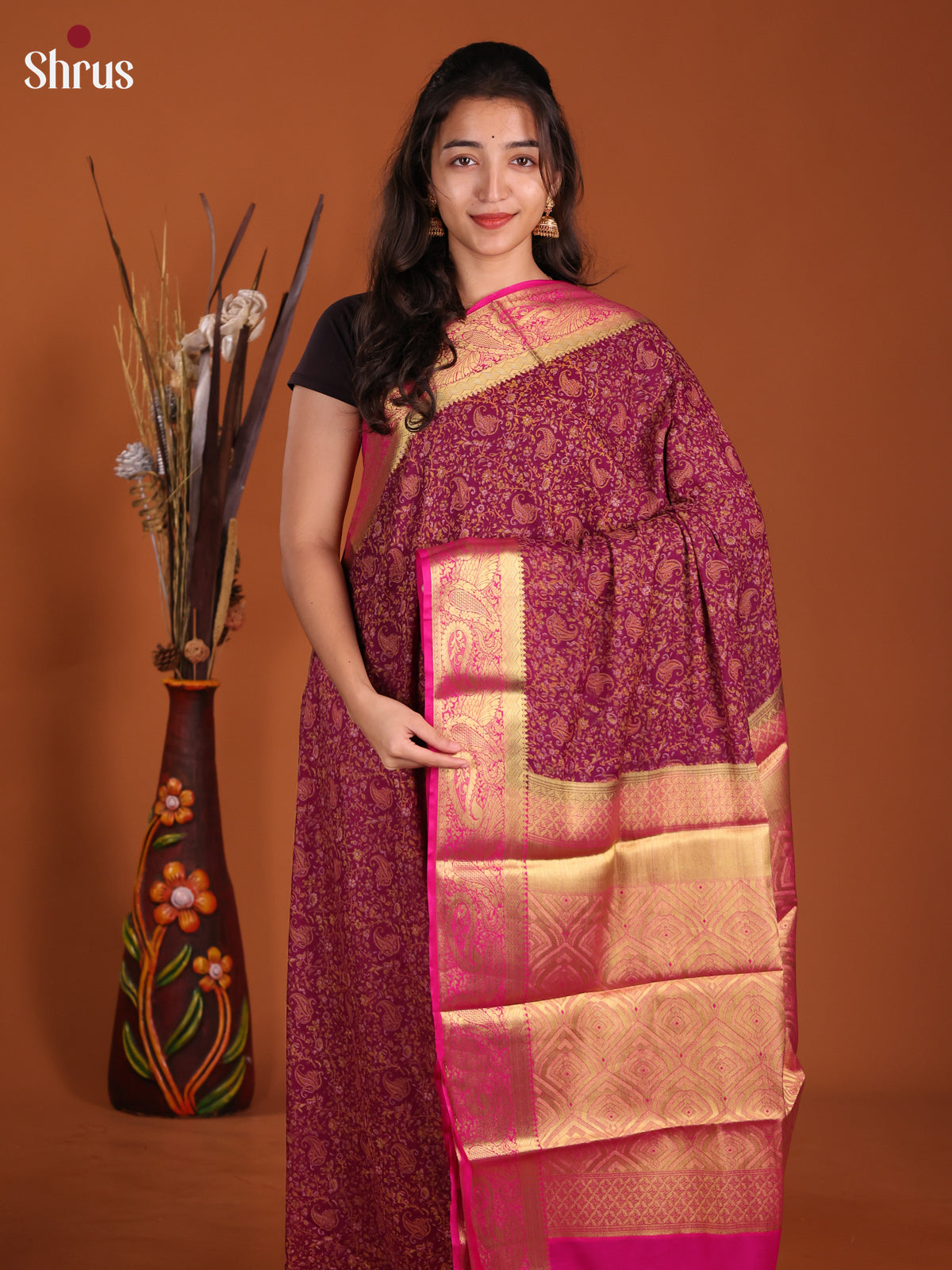Purple & Pink - Semi Mysoresilk Saree - Shop on Shrus.com