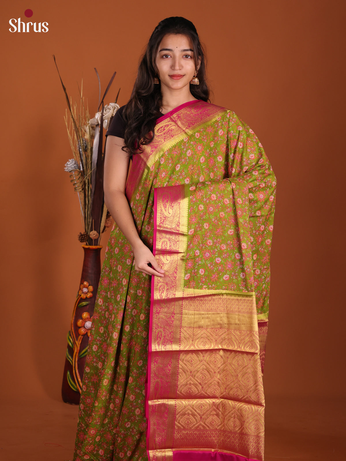 Light Green & Pink- Semi Mysoresilk Saree