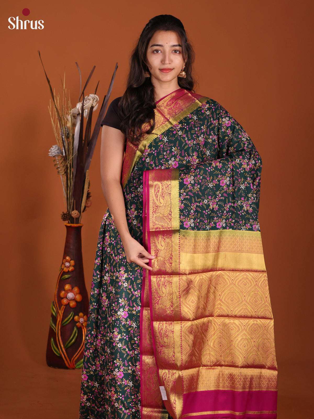 Dark Green & Pink - Semi Mysoresilk Saree