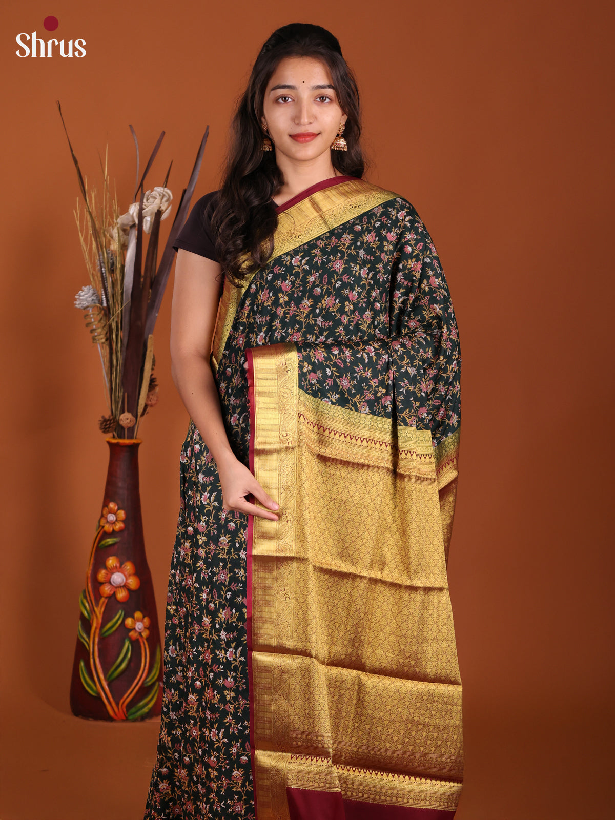 Green & Maroon - Semi Mysoresilk Saree - Shop on Shrus.com