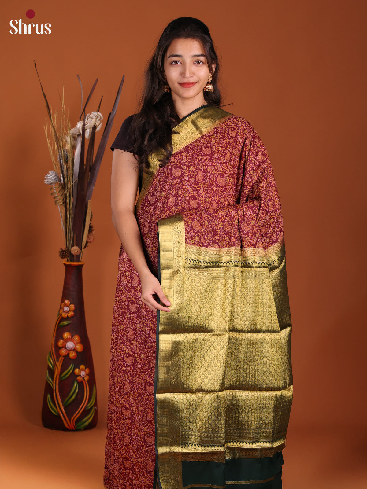 Maroon & Dark Green - Semi Mysoresilk Saree