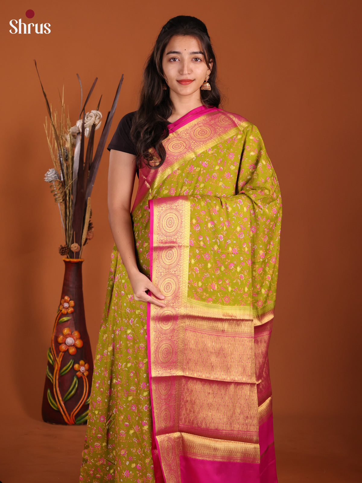 Green & Pink - Semi Mysoresilk Saree - Shop on Shrus.com