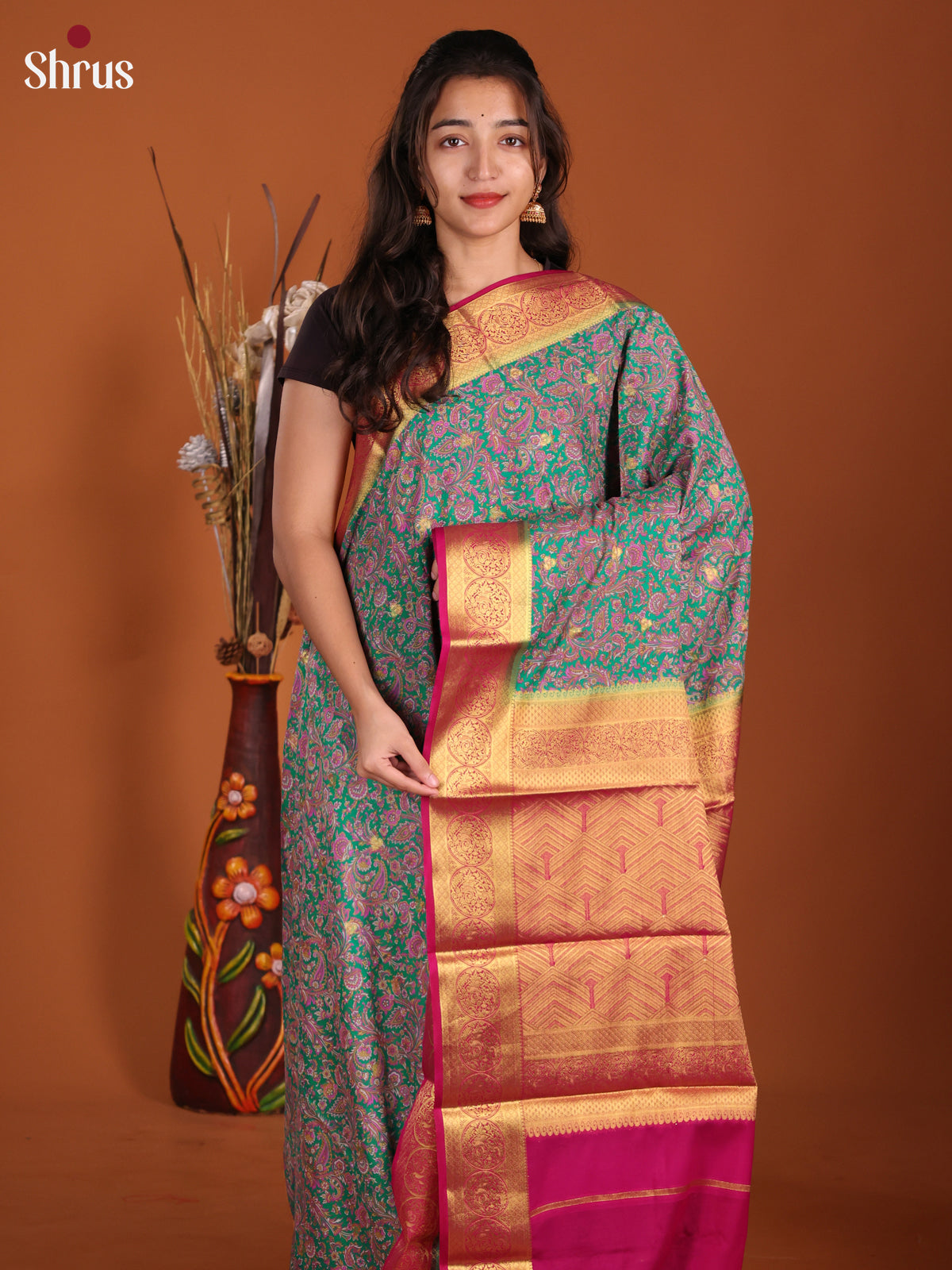 Green  & Pink - Semi Mysoresilk Saree