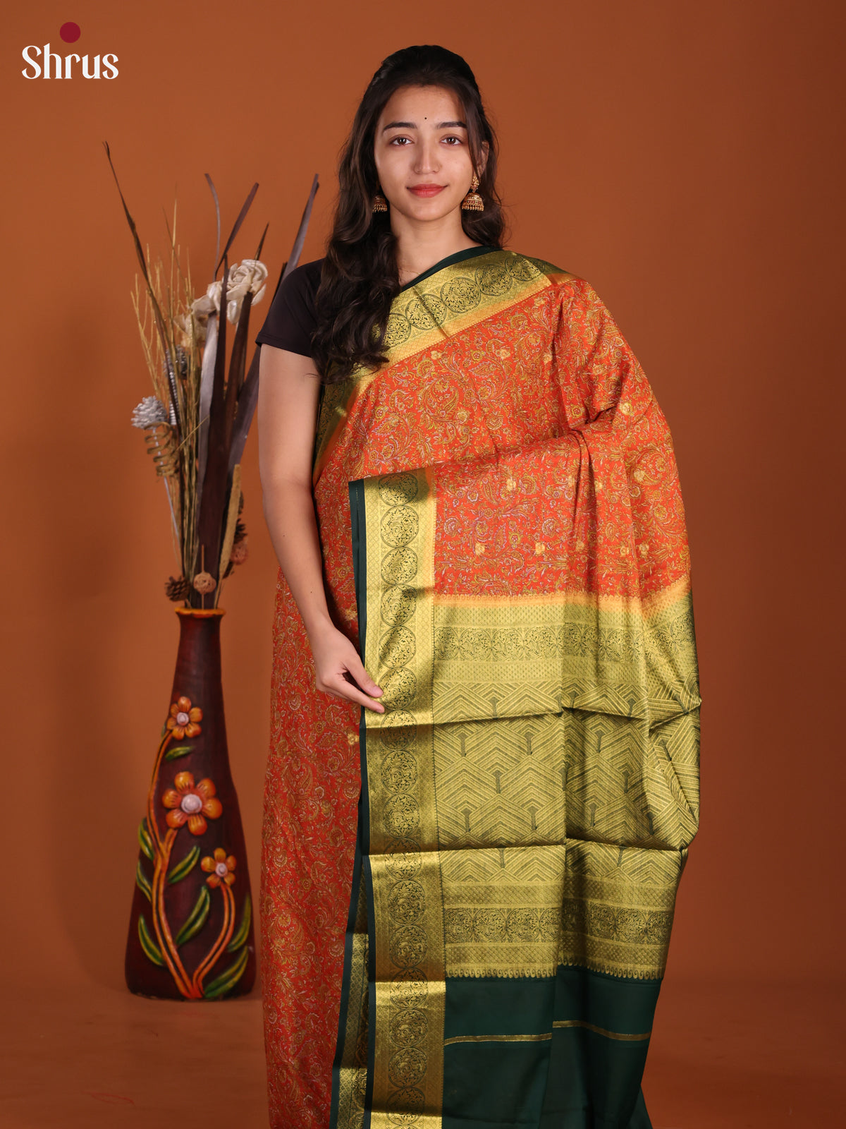 orange & Green - Semi Mysoresilk Saree