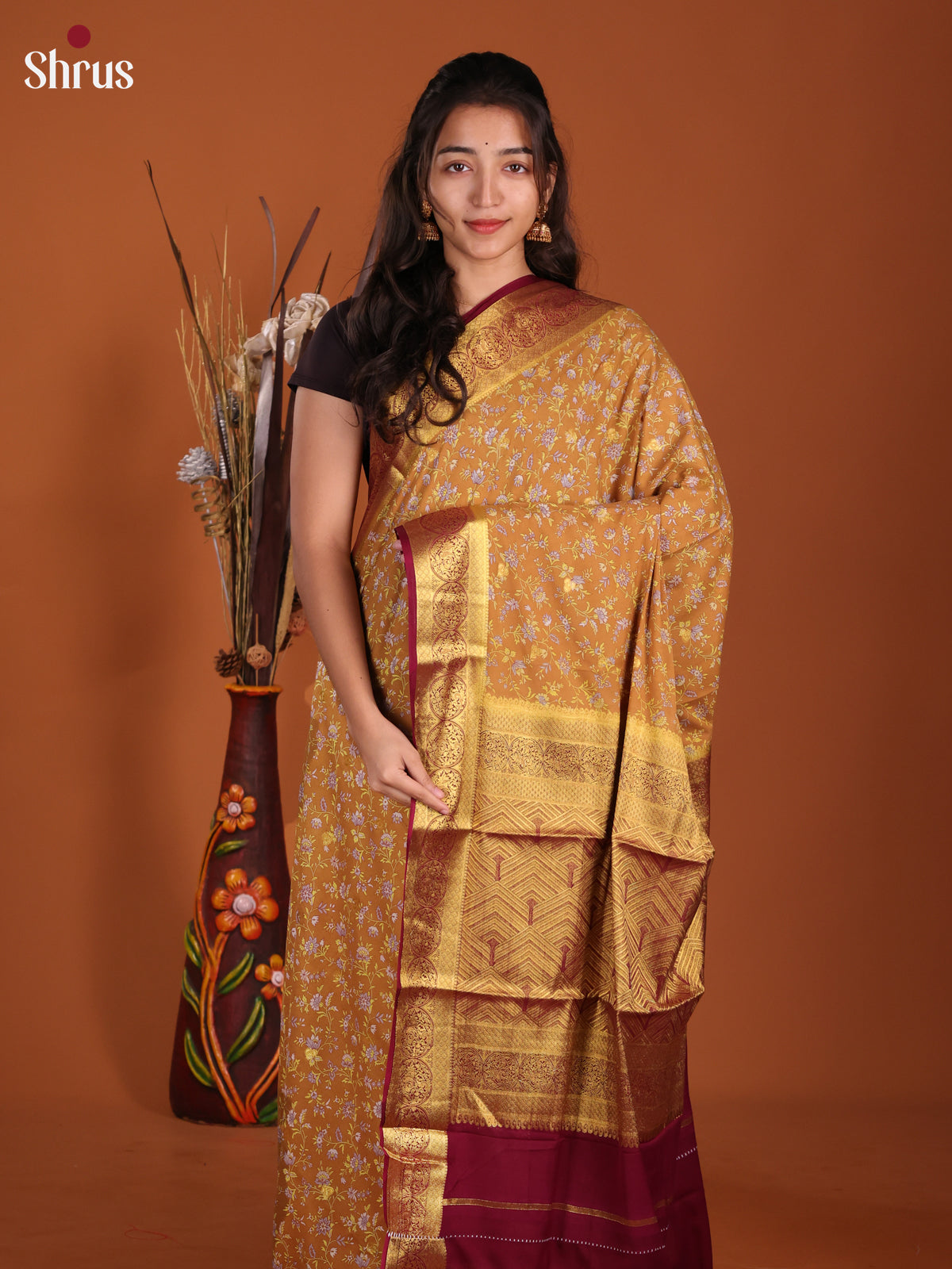 Light Brown & Maroon- Semi Mysoresilk Saree - Shop on Shrus.com