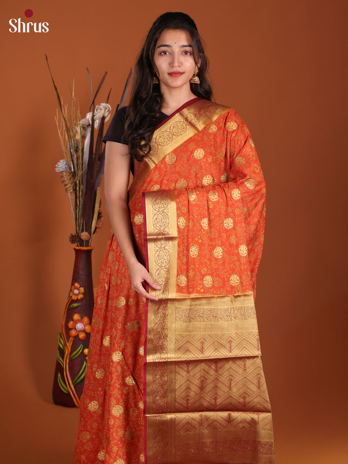 Orange & Red- Semi Mysoresilk Saree - Shop on Shrus.com