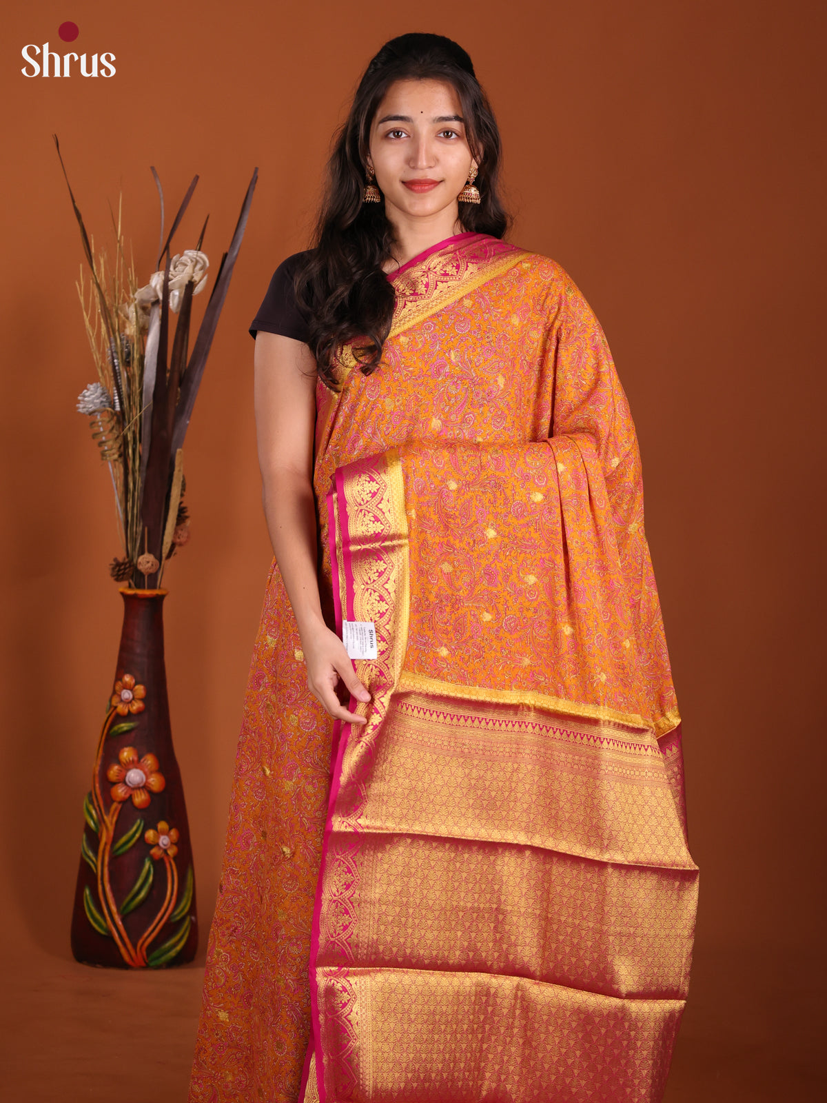 Orange & Pink - Semi Mysoresilk Saree - Shop on Shrus.com