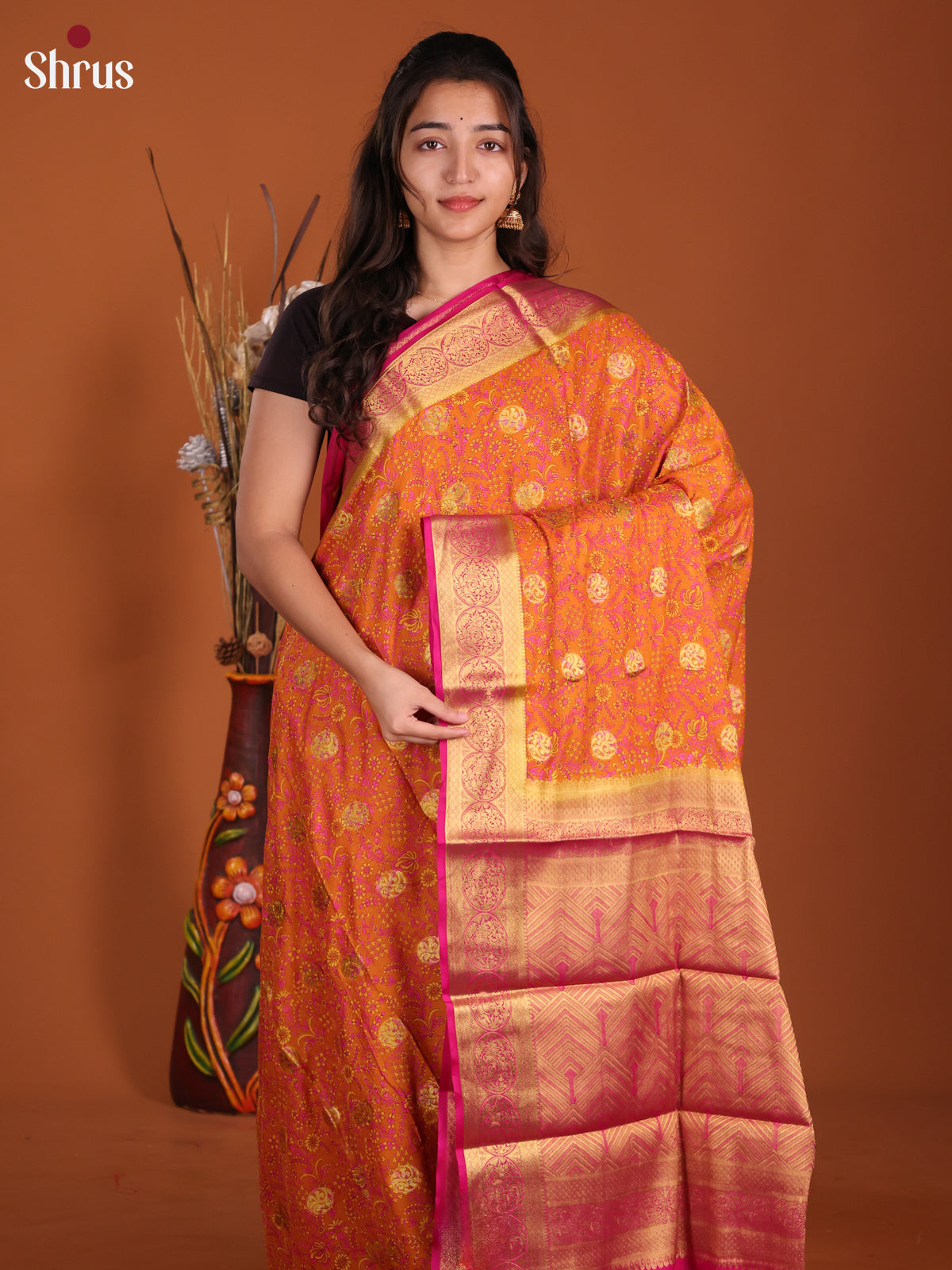 Orange & Pink - Semi Mysoresilk Saree