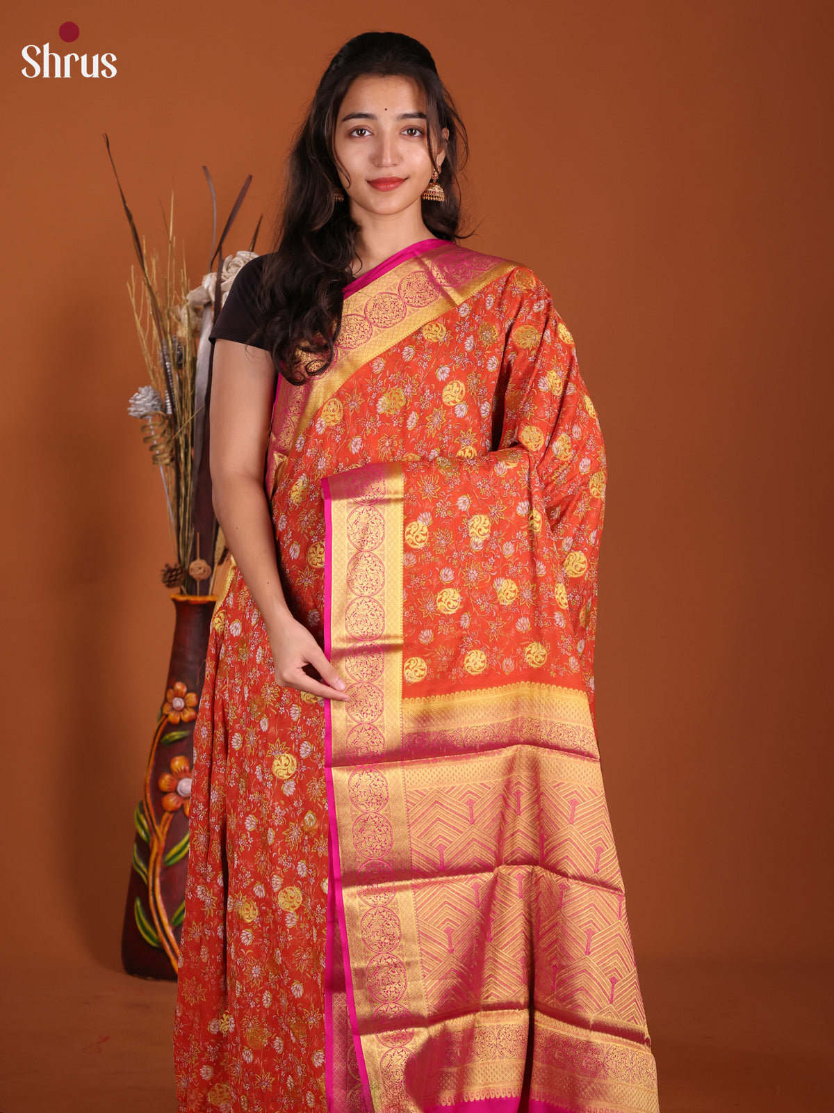 Orange & Pink - Semi Mysoresilk Saree