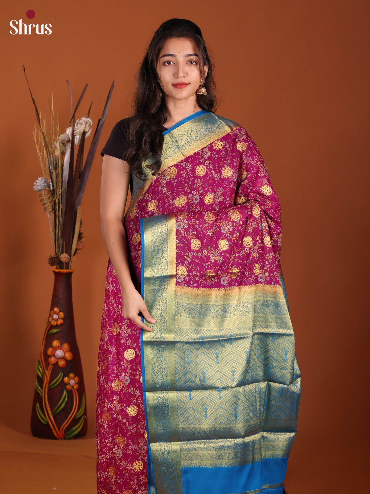 Purple & Blue - Semi Mysoresilk Saree