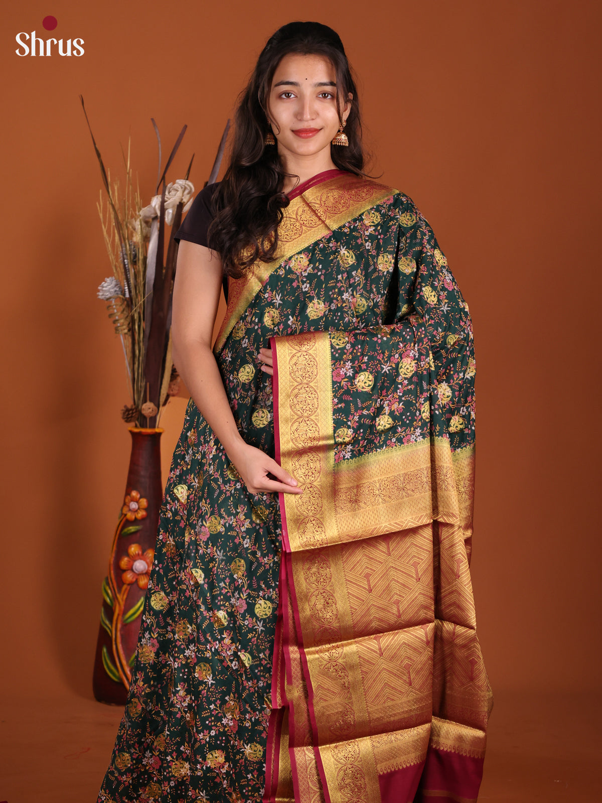 Dark Green & Maroon- Semi Mysoresilk Saree - Shop on Shrus.com