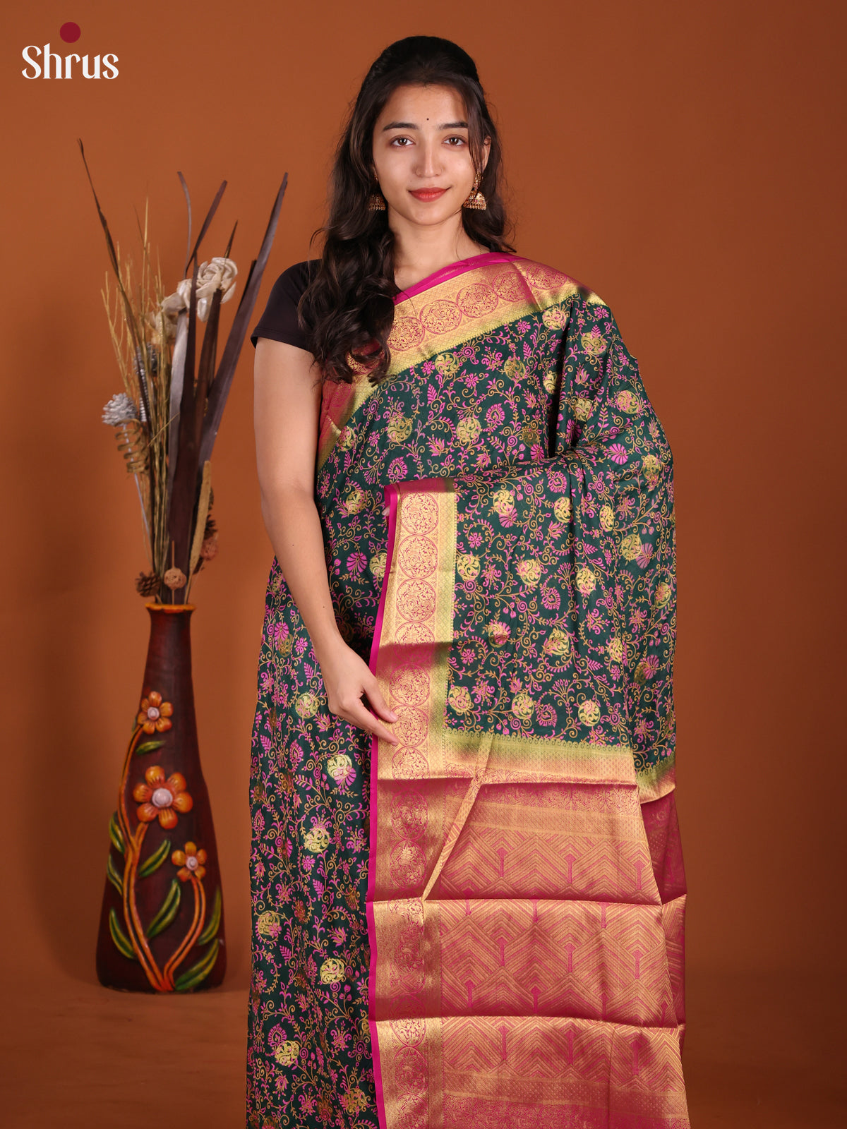 Green & Pink - Semi Mysoresilk Saree - Shop on Shrus.com