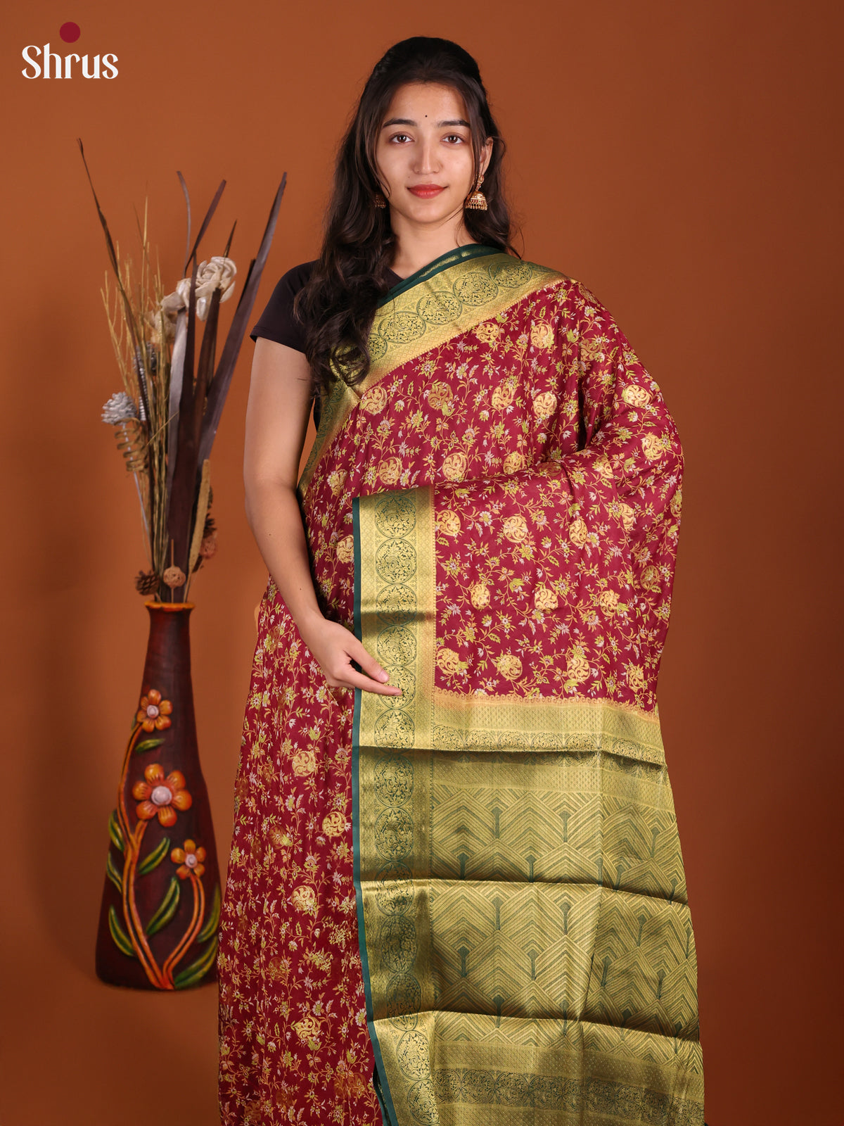 Maroon & Green - Semi Mysoresilk Saree