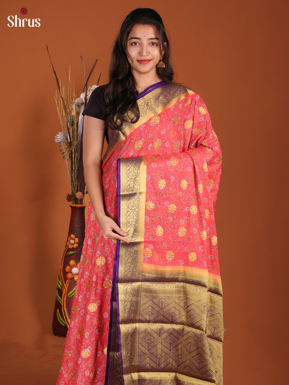 Orangish Pink & Violet - Semi Mysoresilk Saree - Shop on Shrus.com