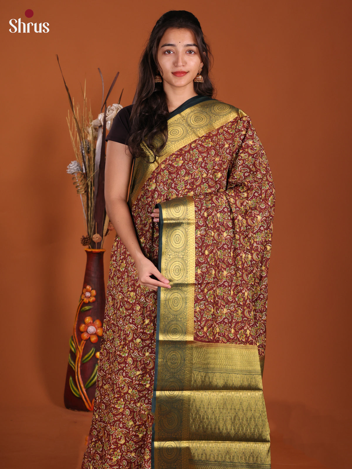 Maroon & Green - Semi Mysoresilk Saree - Shop on Shrus.com