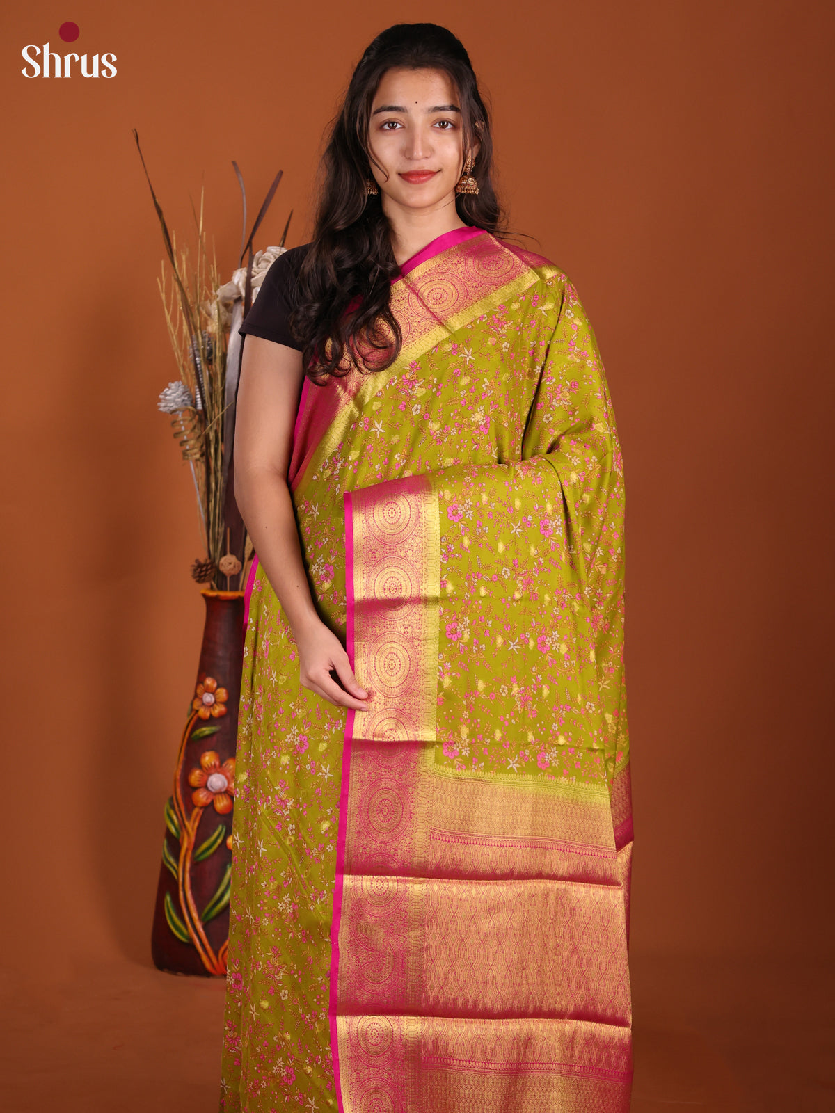 Green & Pink- Semi Mysoresilk Saree
