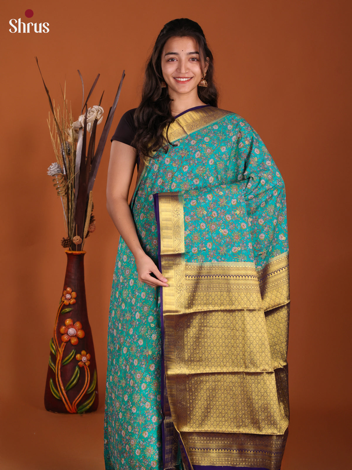 Teal & Blue - Semi Mysoresilk Saree