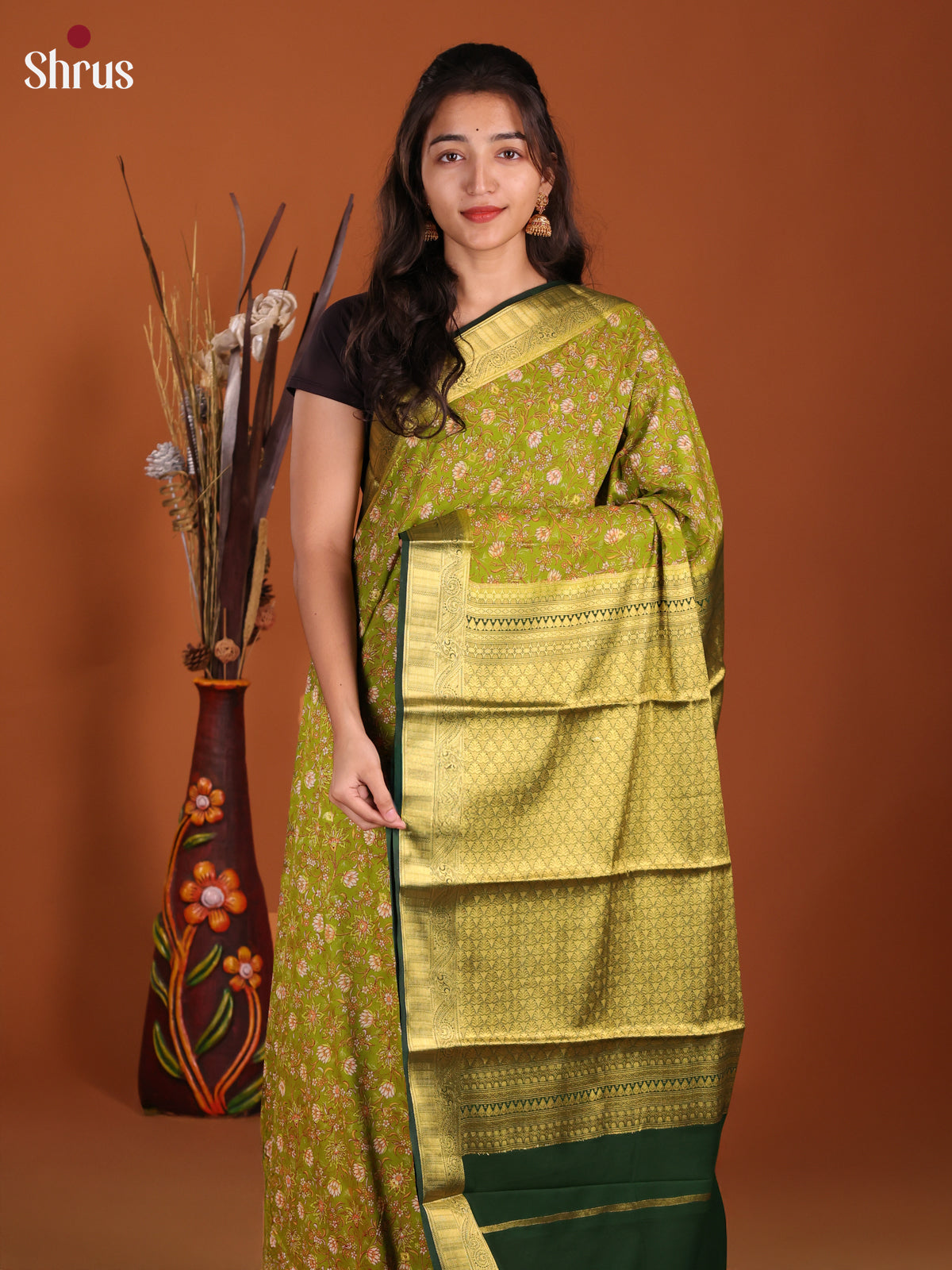 Light Green & Green - Semi Mysoresilk Saree - Shop on Shrus.com
