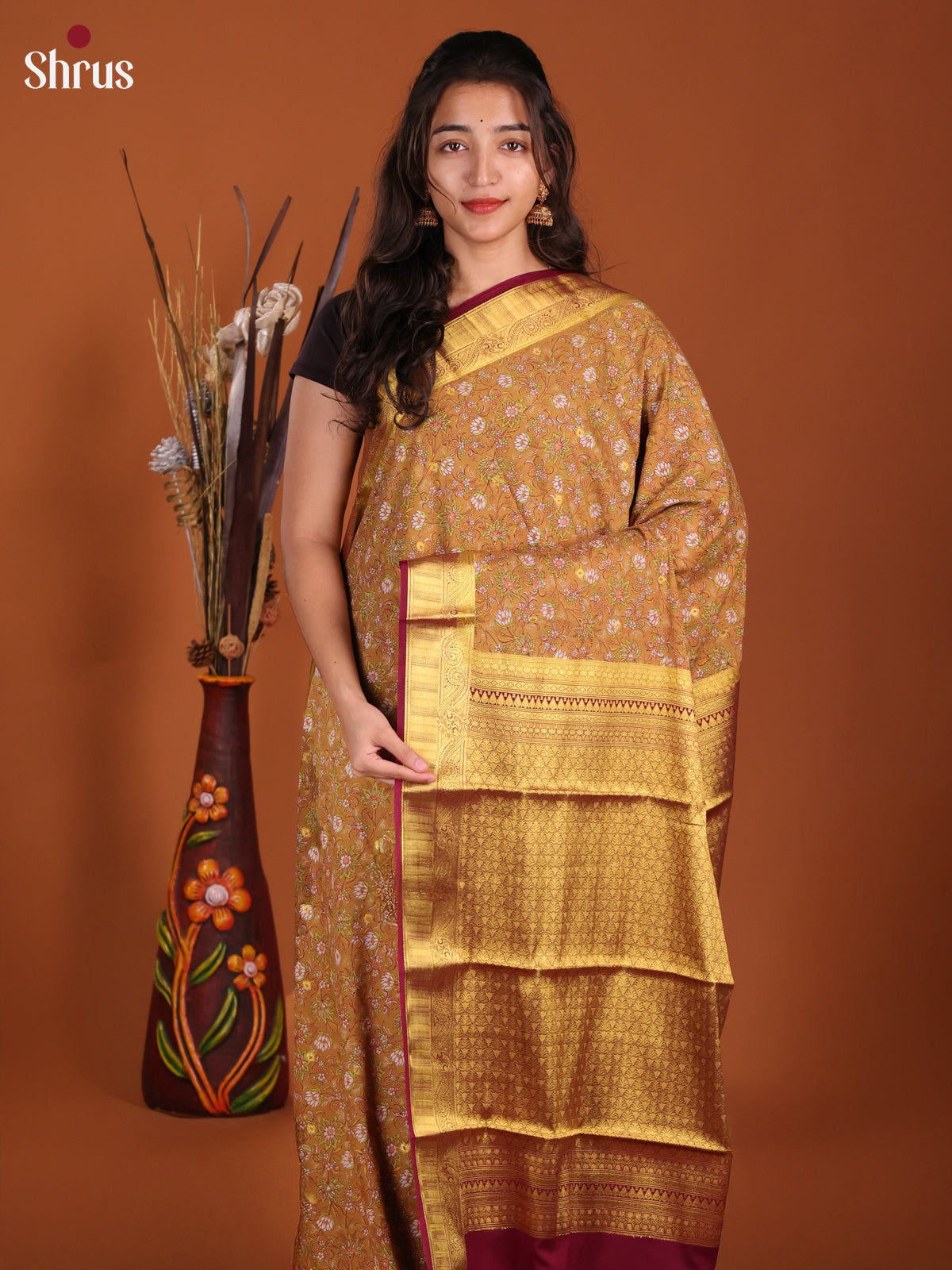 Sandal &  maroon- Semi Mysoresilk Saree