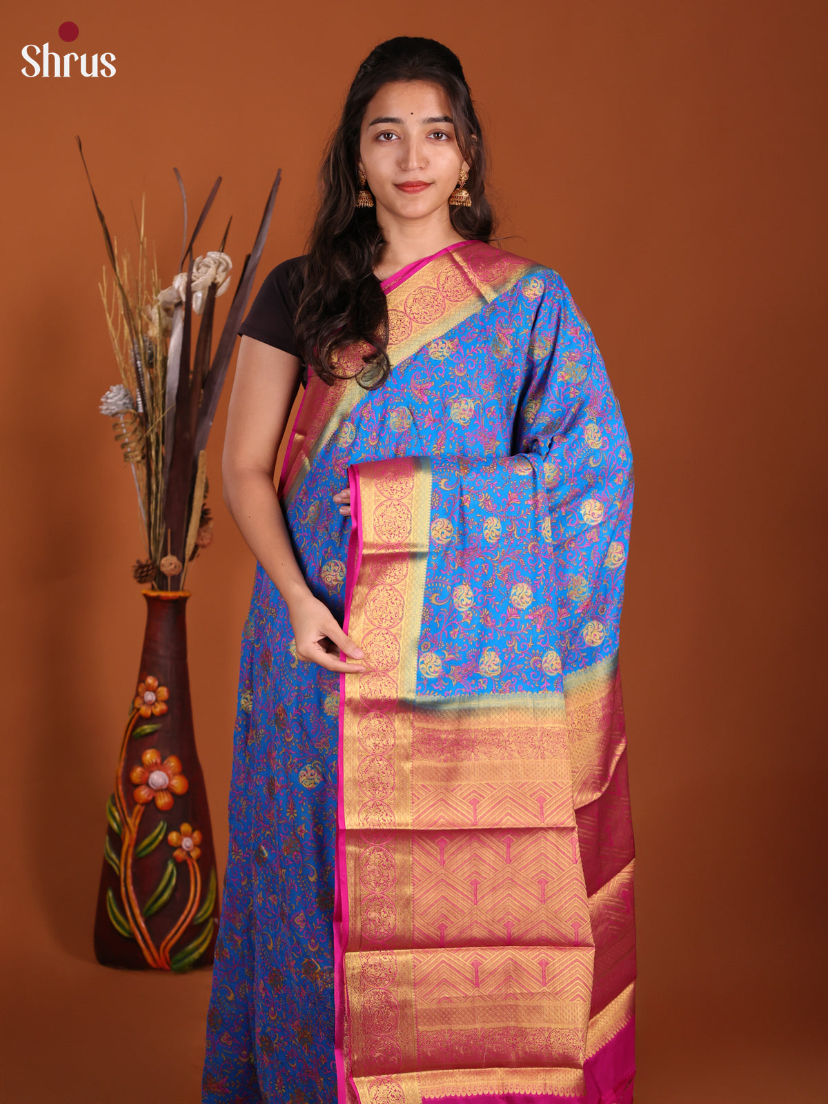 Blue & Pink - Semi Mysoresilk Saree
