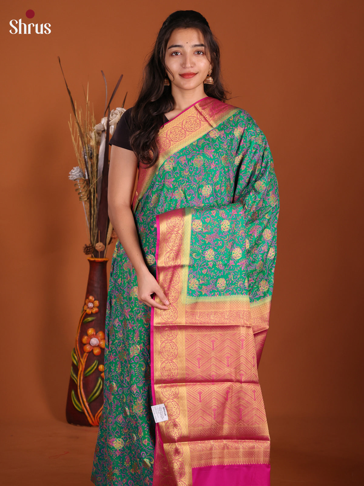 Green & Pink- Semi Mysoresilk Saree