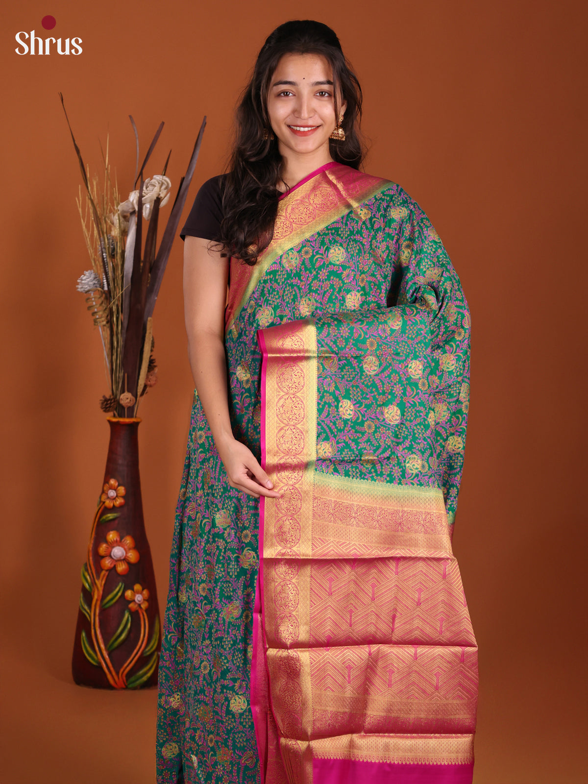 Green & Pink - Semi Mysoresilk Saree