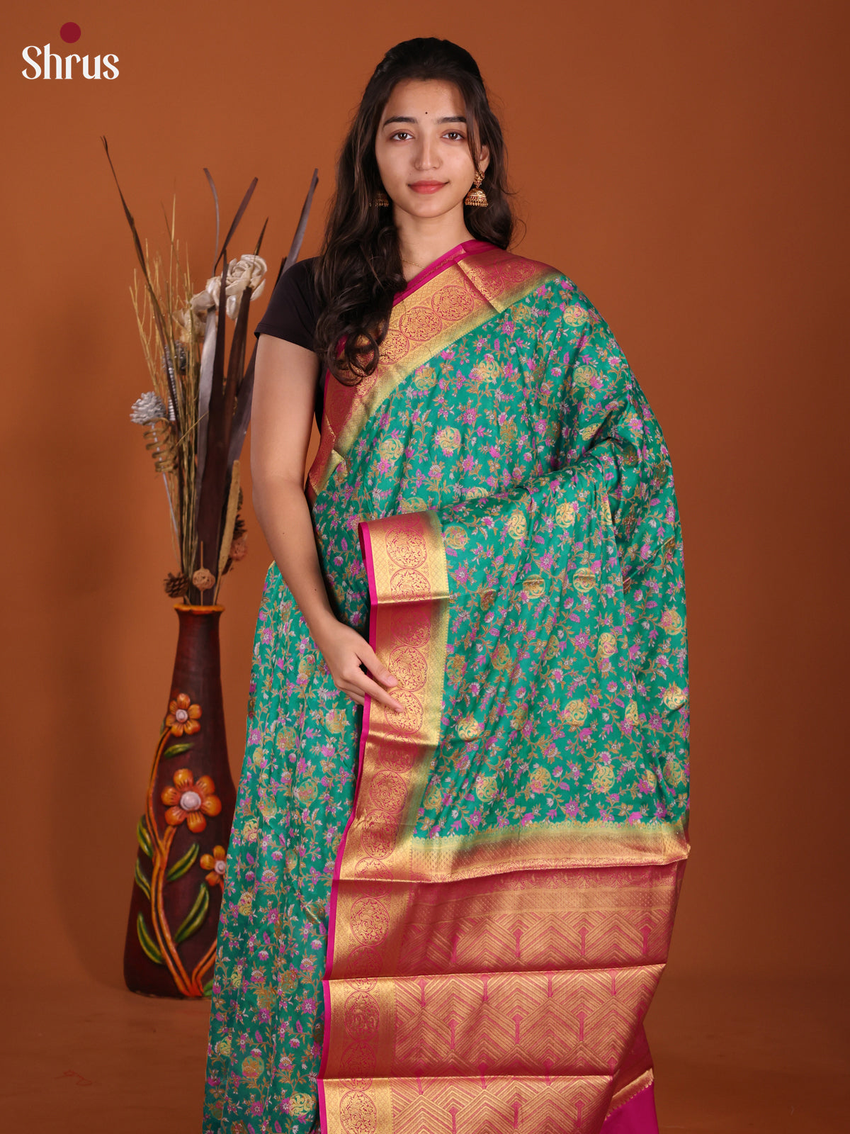 Green & Pink - Semi Mysoresilk Saree - Shop on Shrus.com