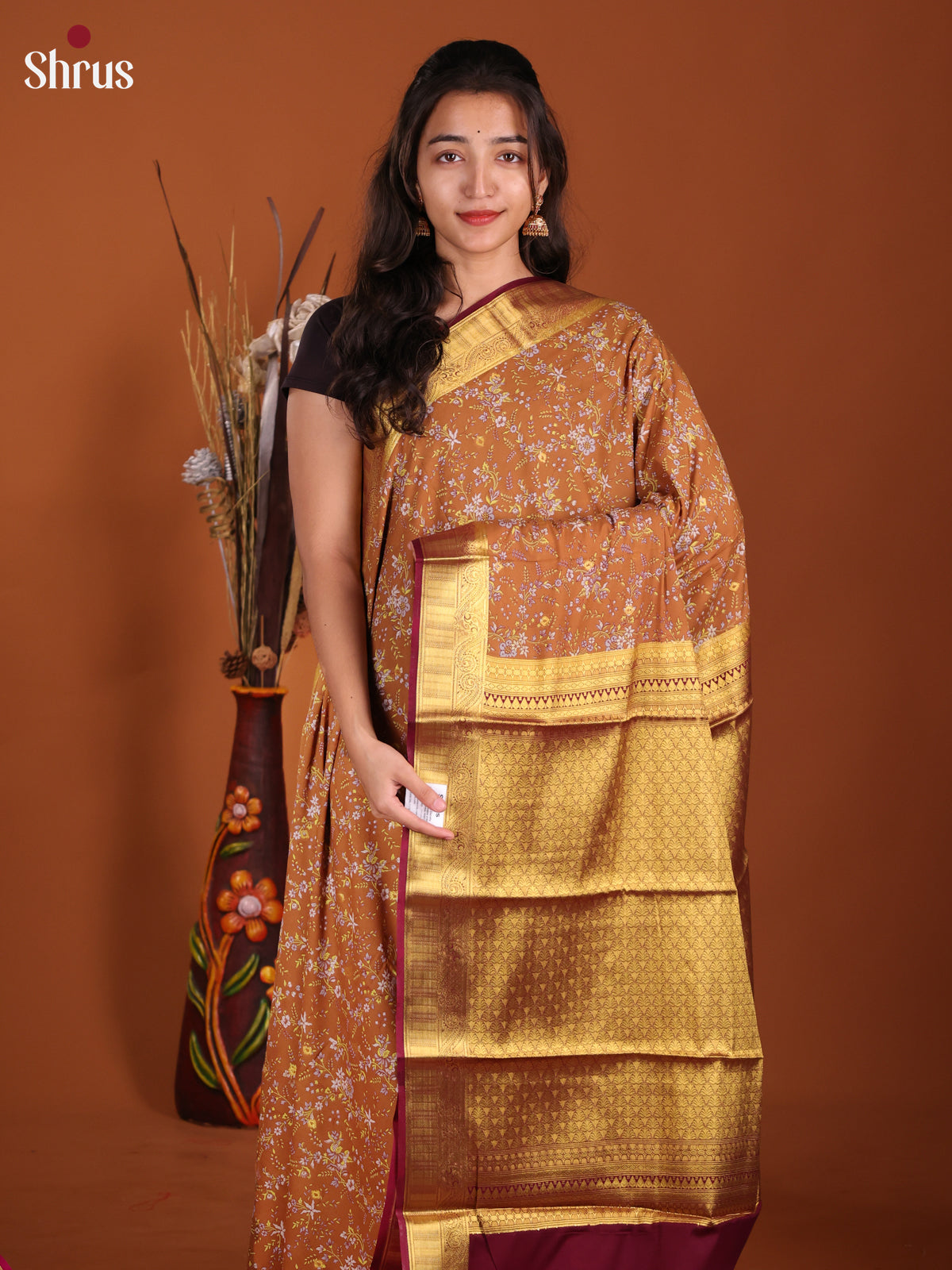 Light Brown & Maroon - Semi Mysoresilk Saree - Shop on Shrus.com