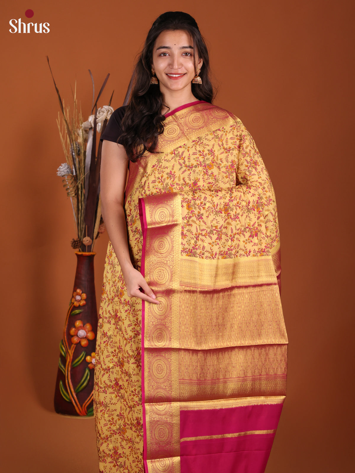 Sandal & Purple - Semi Mysoresilk Saree