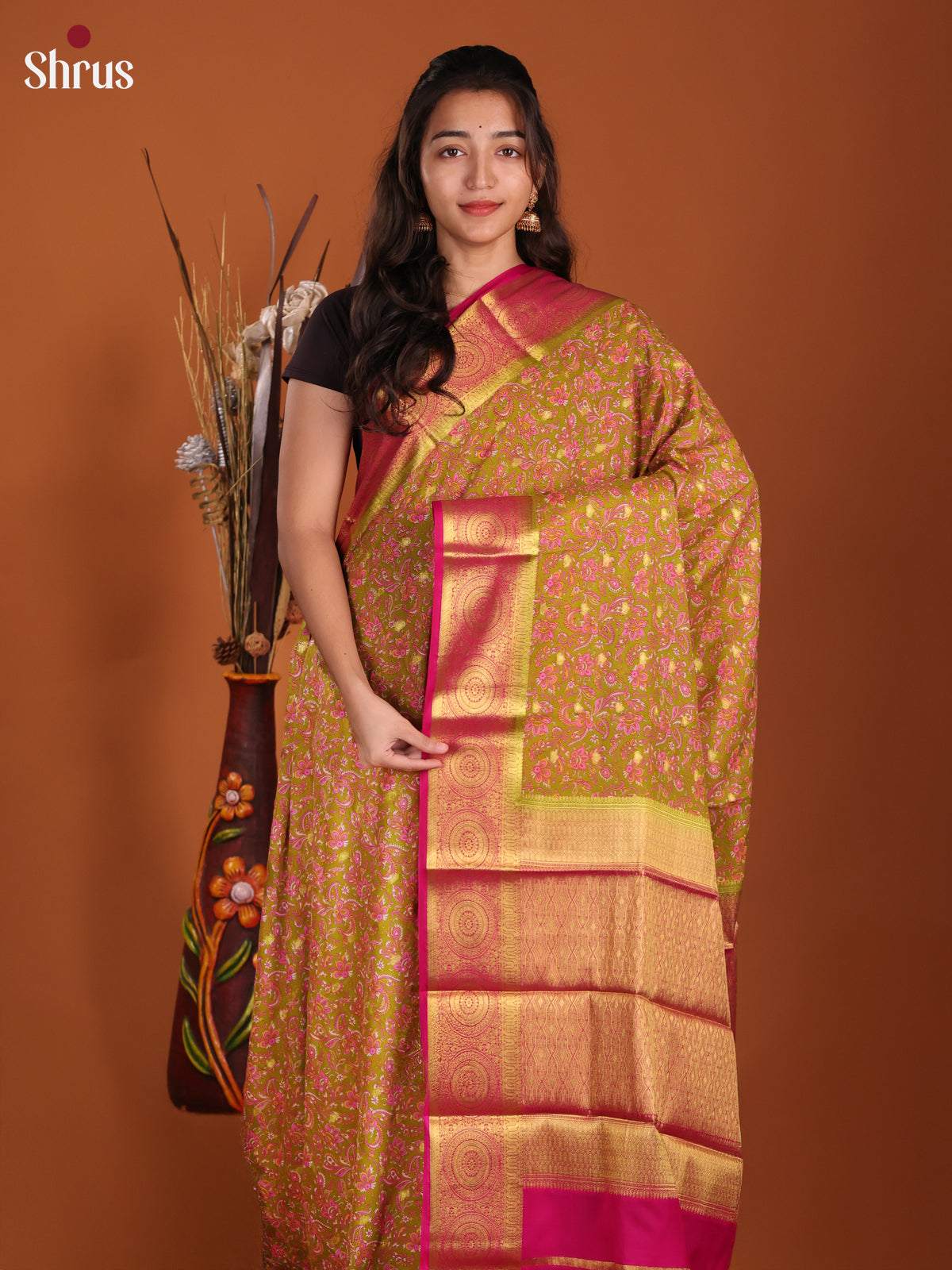 Mehandi & Majenta - Semi Mysoresilk Saree