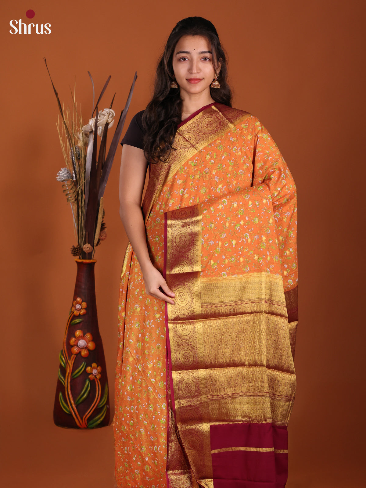Orange & Maroon - Semi Mysoresilk Saree - Shop on Shrus.com