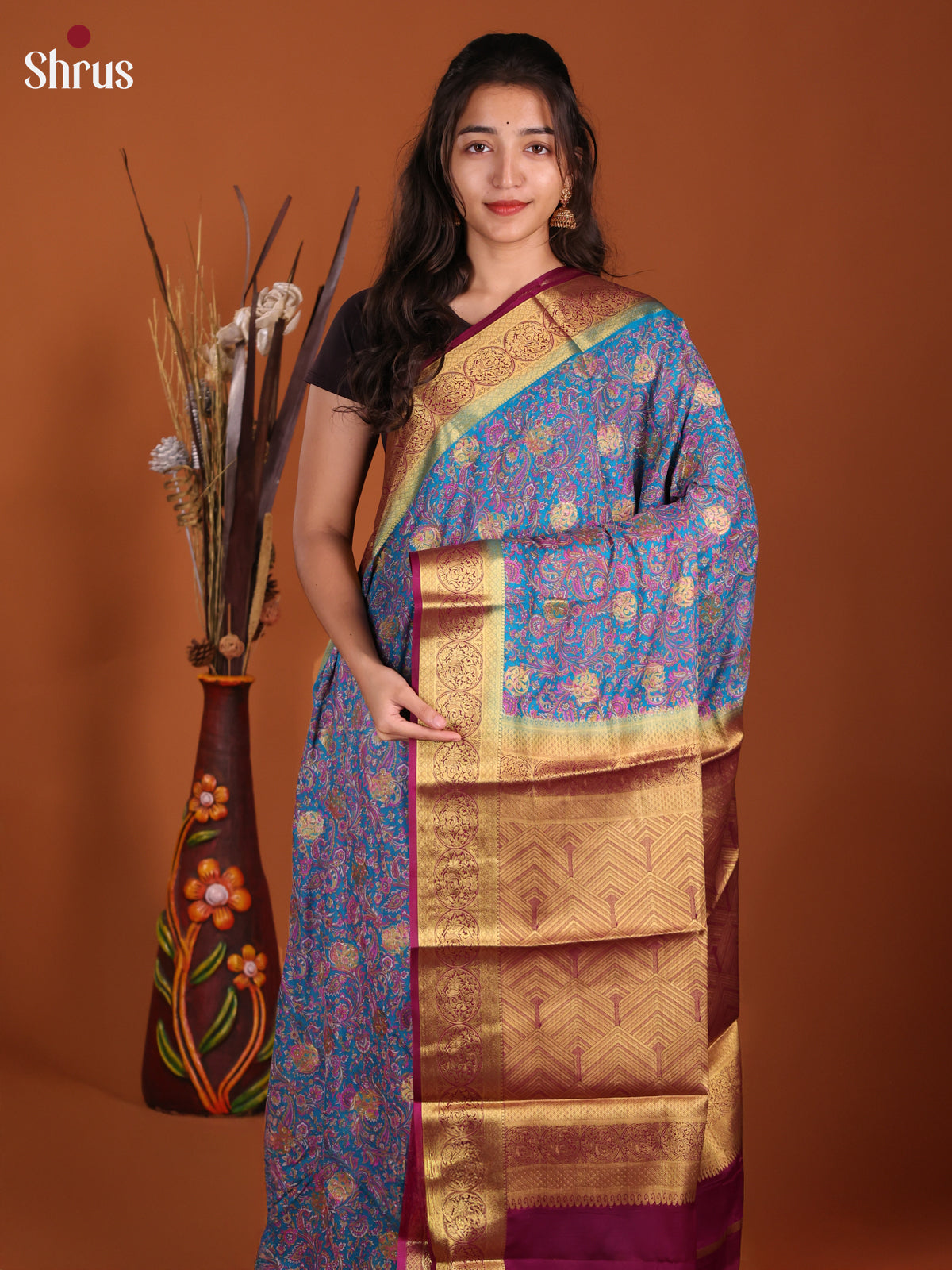 Blue & Purple - Semi Mysoresilk Saree