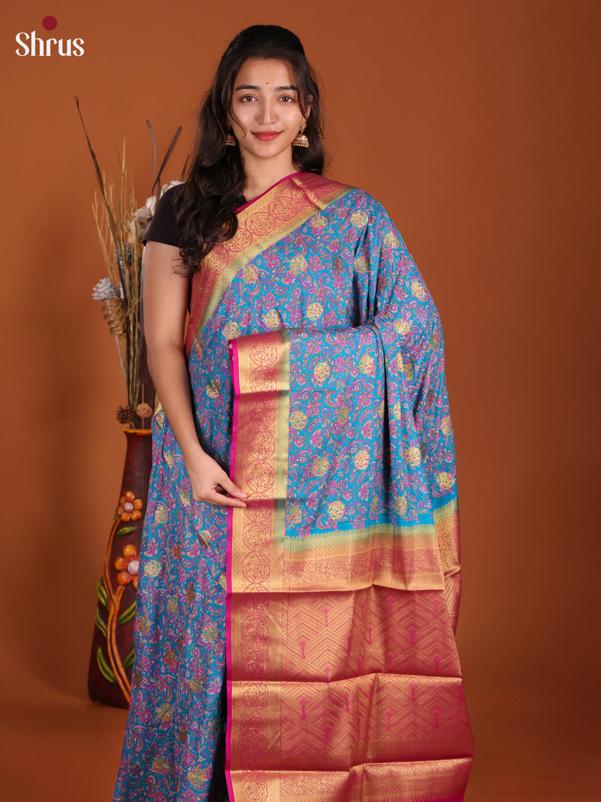 Blue & Pink - Semi Mysoresilk Saree