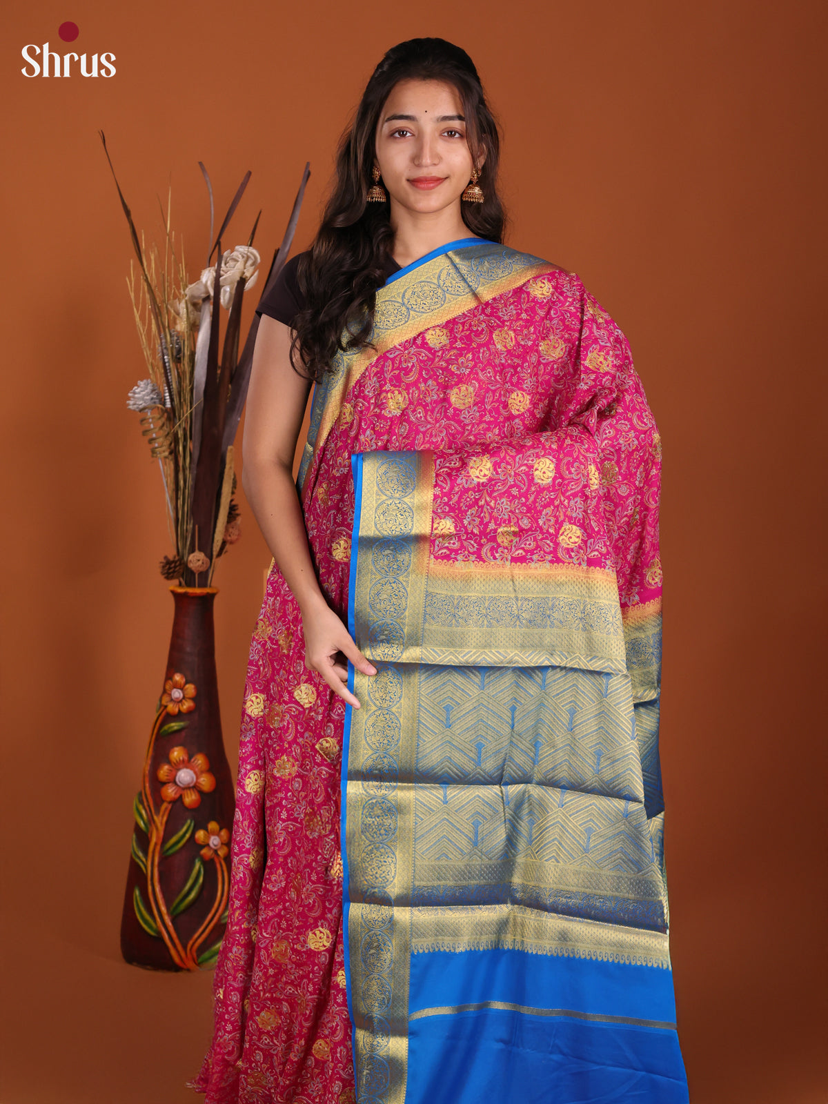 Pink & Blue - Semi Mysoresilk Saree