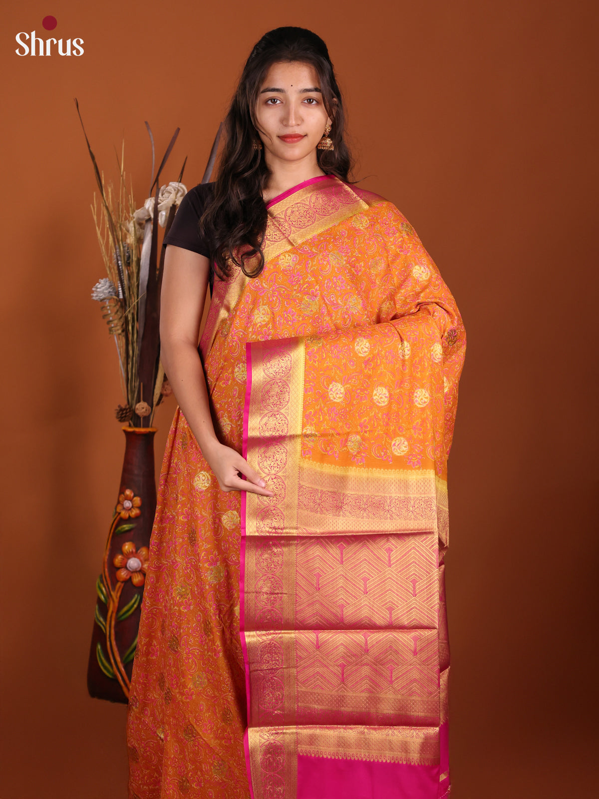 Orange & Pink - Semi Mysoresilk Saree - Shop on Shrus.com