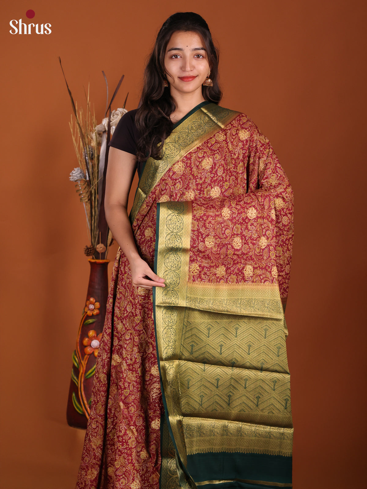 Maroon & Green - Semi Mysoresilk Saree - Shop on Shrus.com