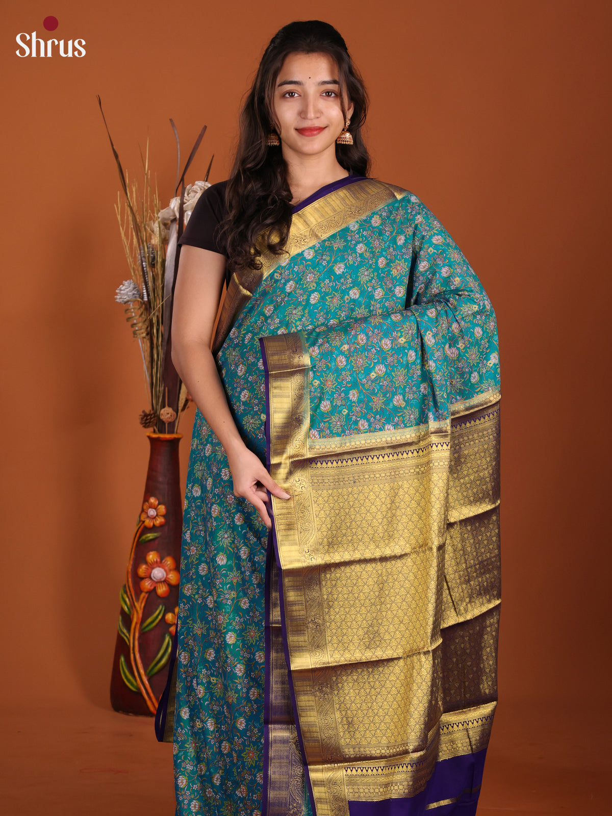 Teal & Blue - Semi Mysoresilk Saree