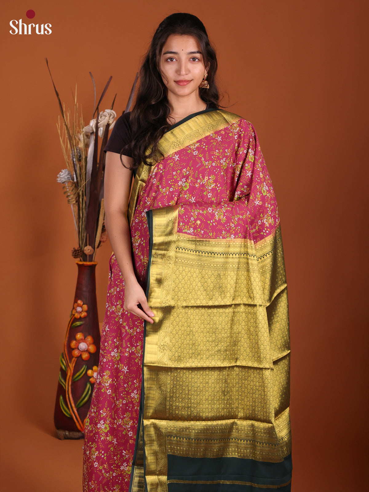 Pink & Green- Semi Mysoresilk Saree