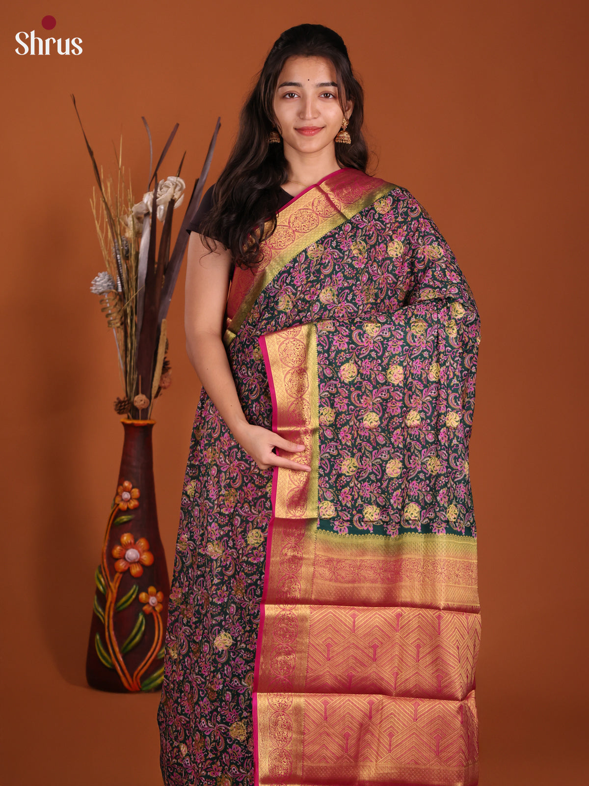 Dark Green & Pink - Semi Mysoresilk Saree