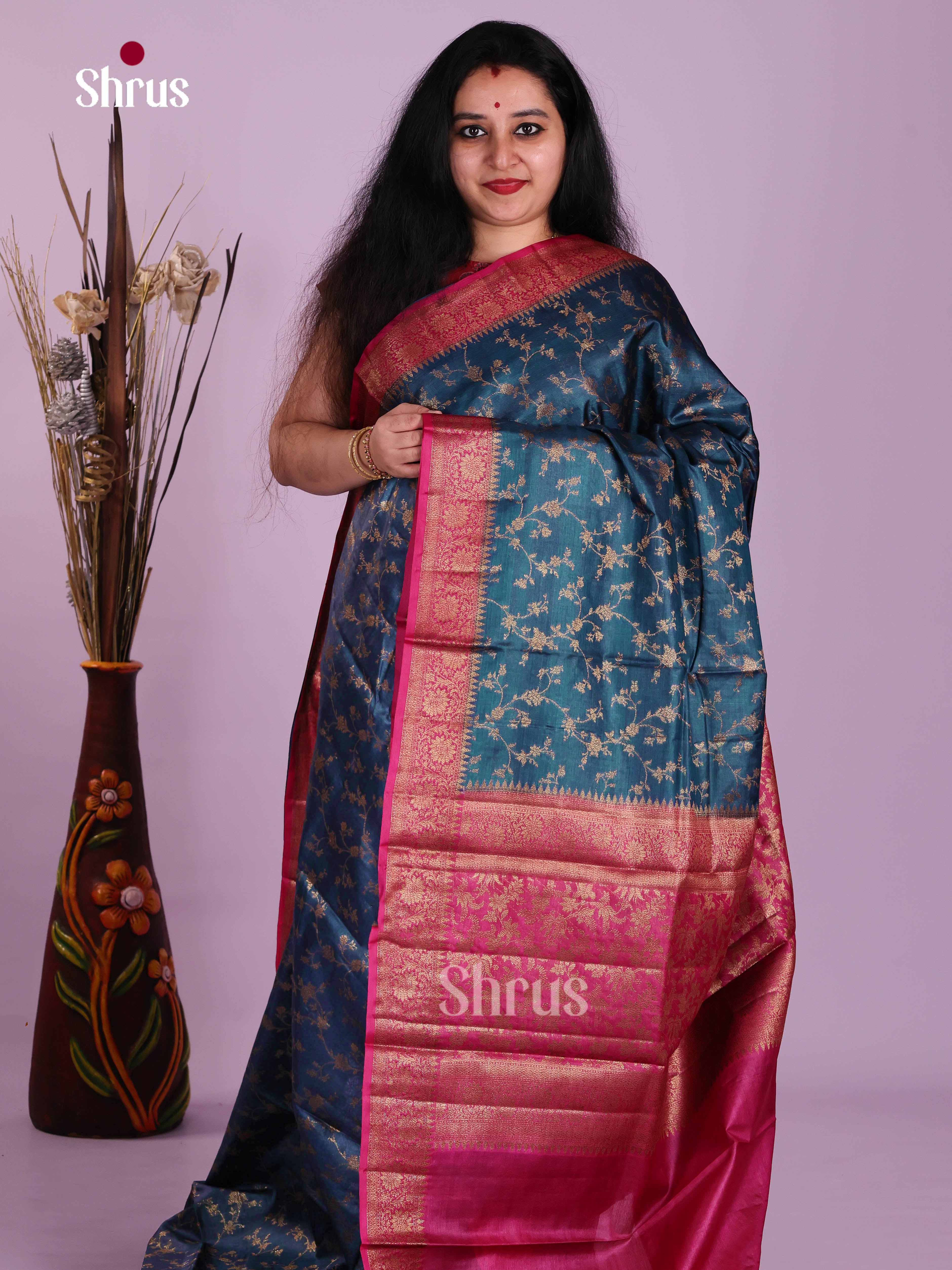 Classic Teal Blue Handloom Tussar Saree With Floral Vines & Pink Pallu