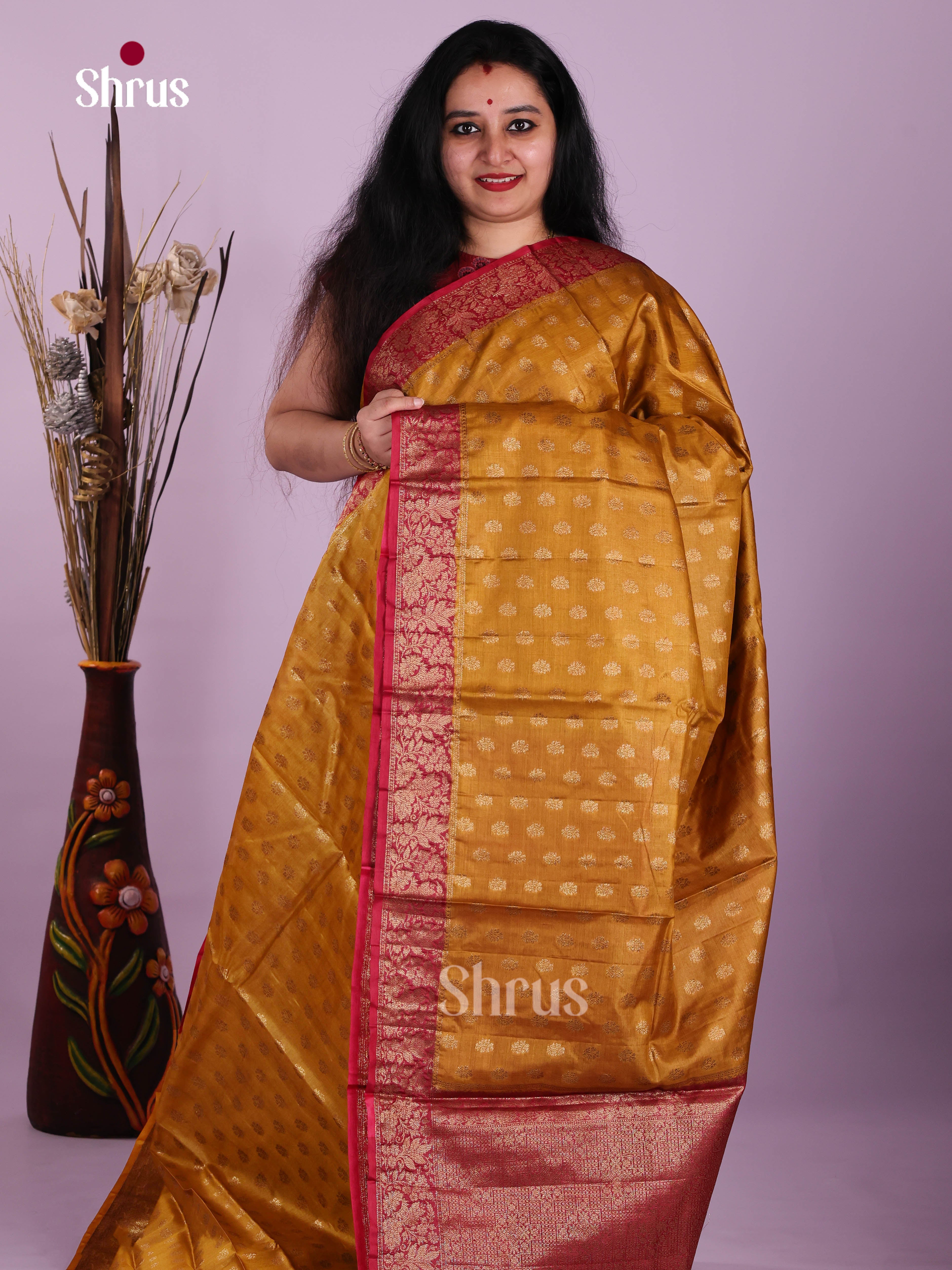 Enchanting Mustard Handloom Tussar Saree With Floral Buttas & Red Pallu