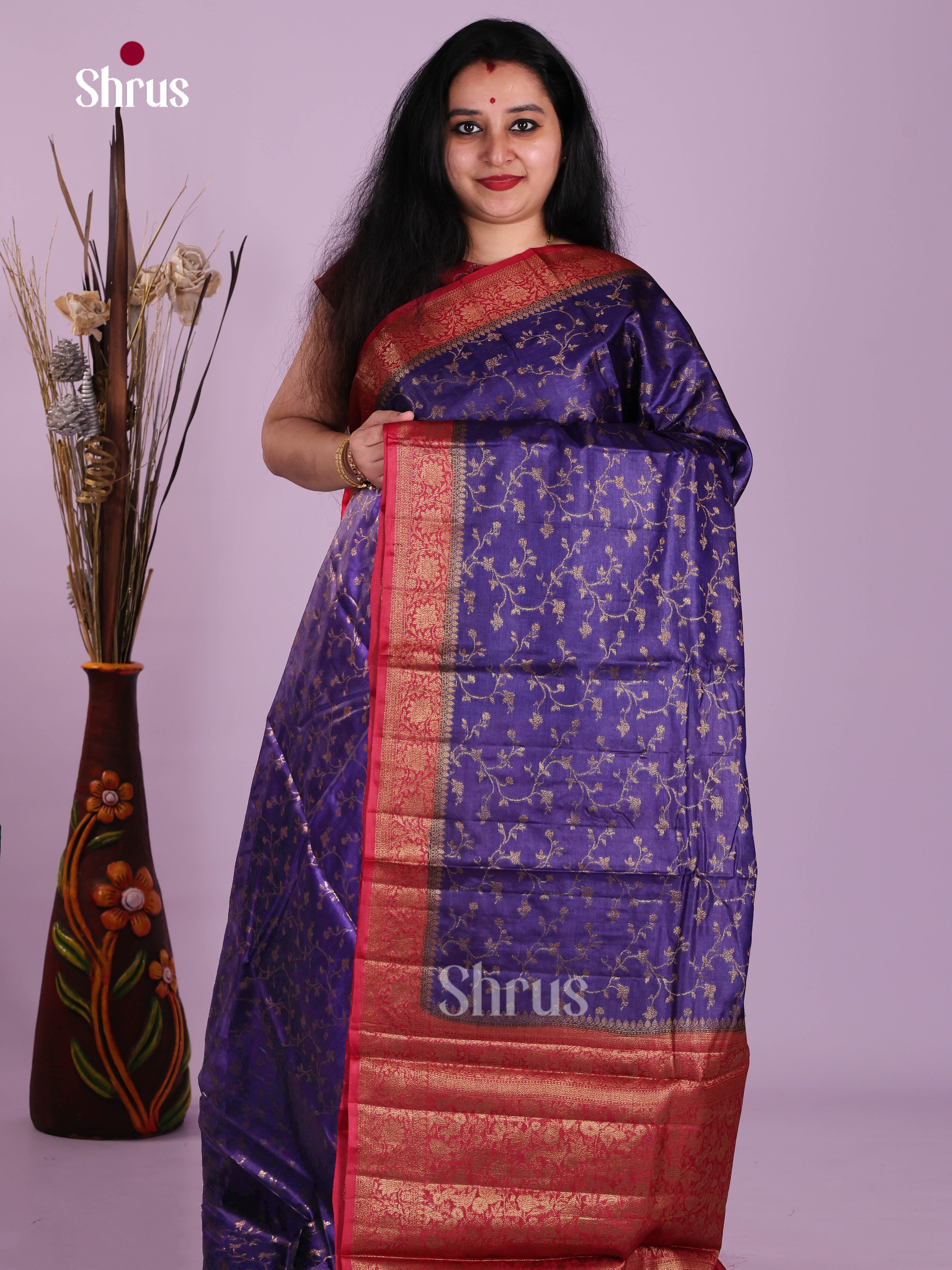 Majestic Violet Tussar Silk Saree with Floral Vines & Red Zari Pallu