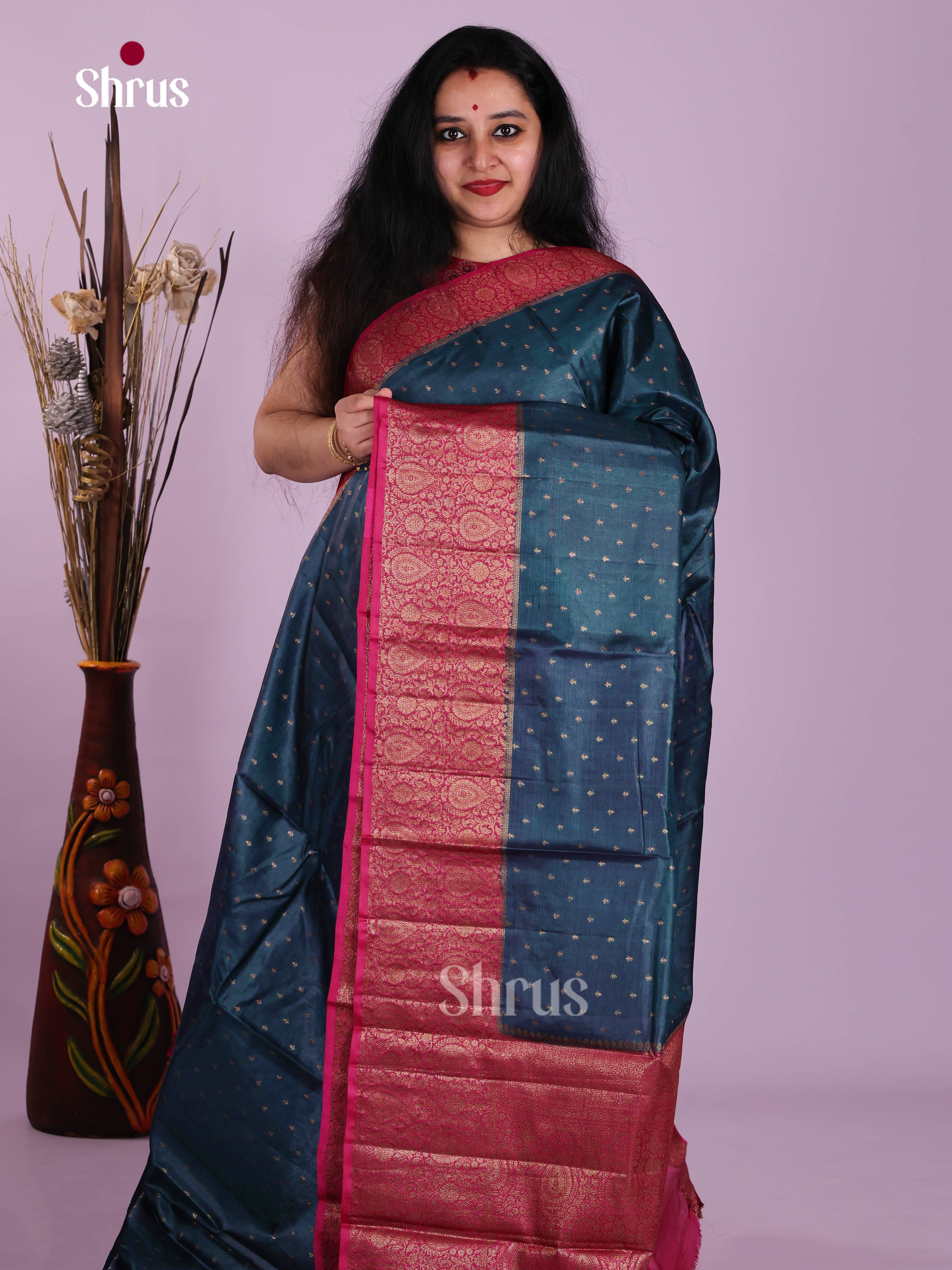 Elegant Teal Tussar Silk Saree with Gold Buttas & Magenta Paisley Border