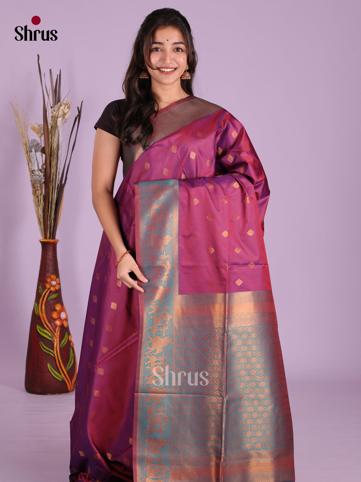 Wine & Blue - Semi Softsilk Saree