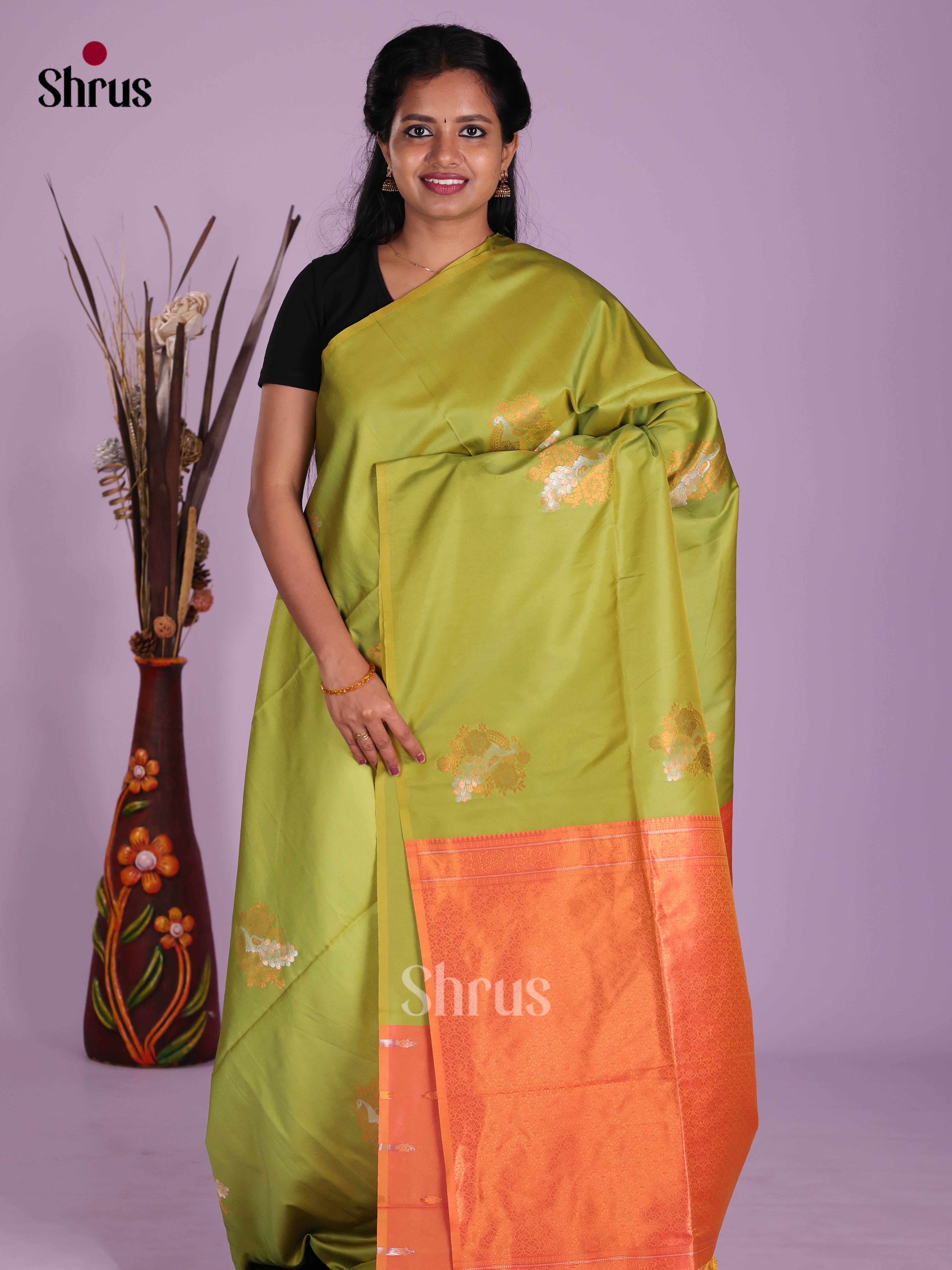 Green & Orange- Semi Softsilk Saree