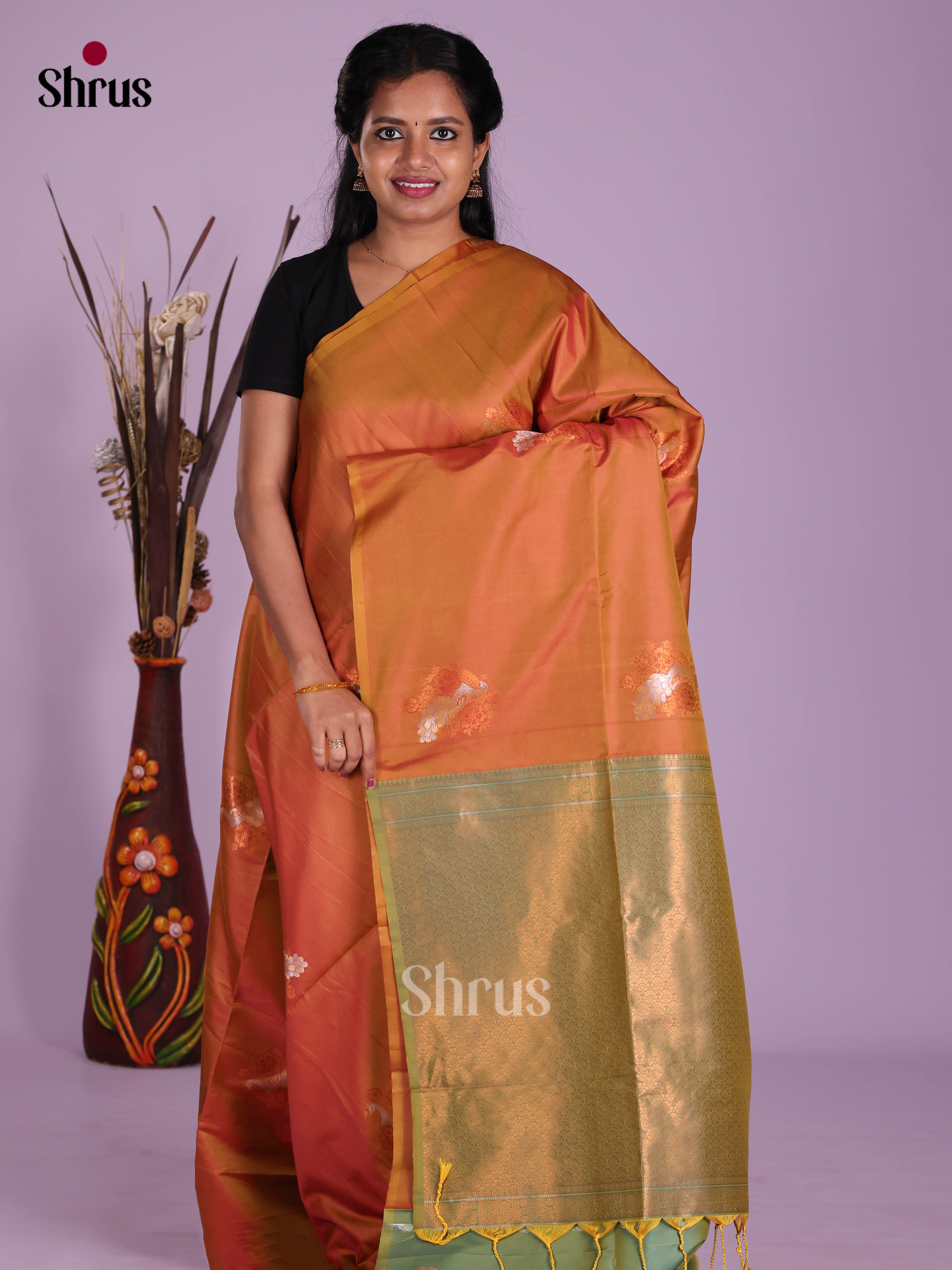 Brick & Green- Semi Softsilk Saree