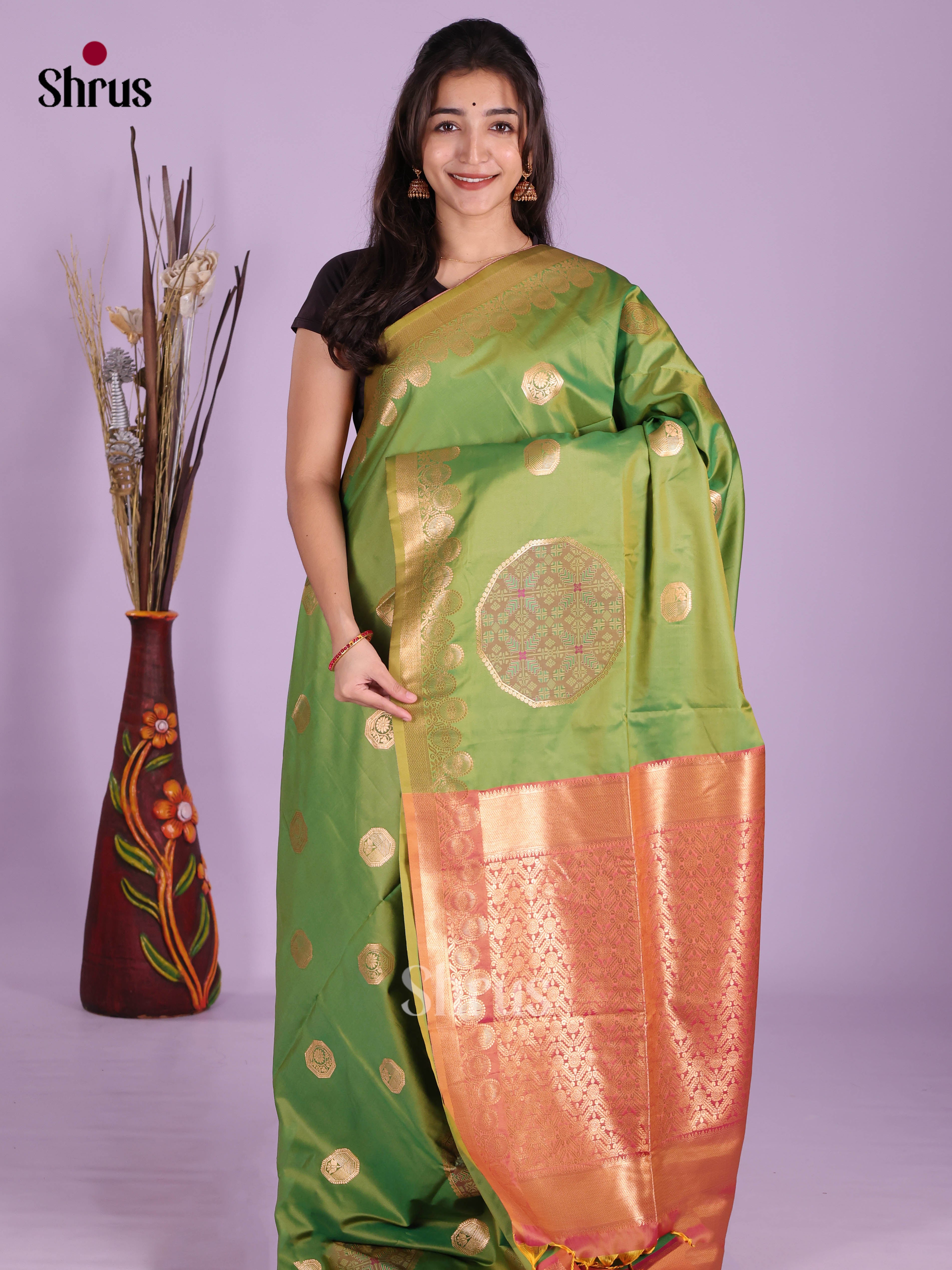 Light Green & Orange  - Semi Softsilk Saree