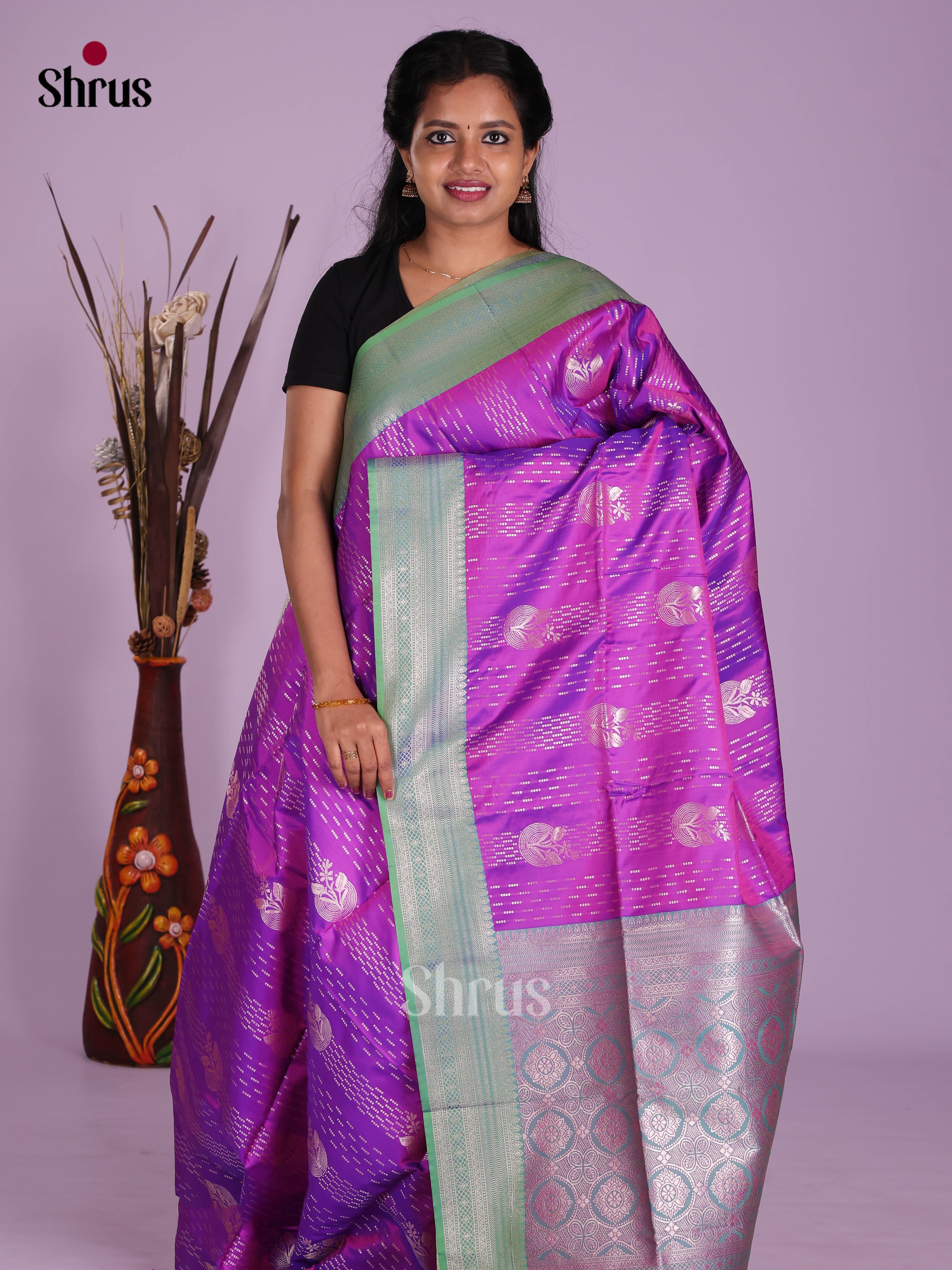 Purple & Green- Semi Softsilk Saree